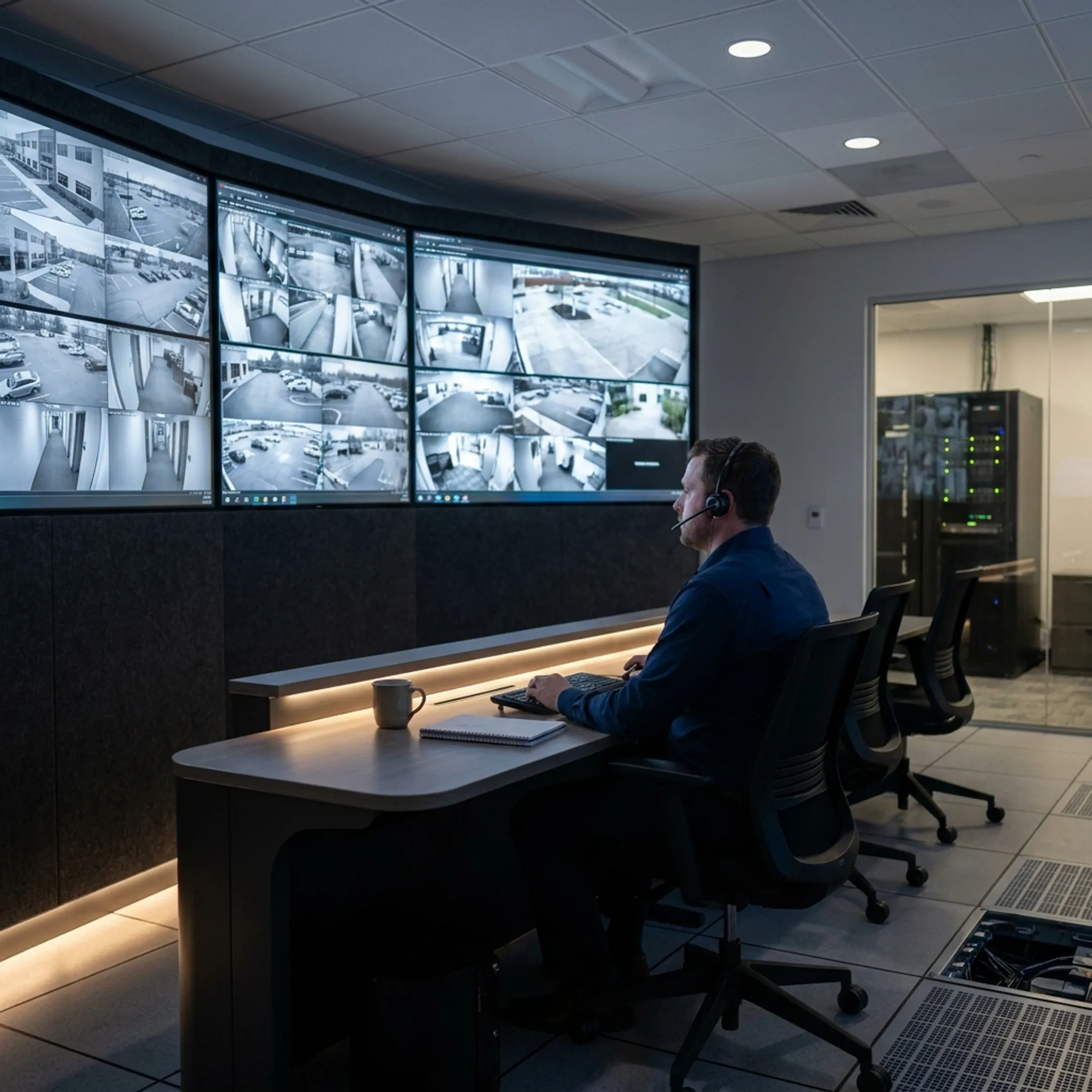 Commercial CCTV surveillance system displayed on security monitors