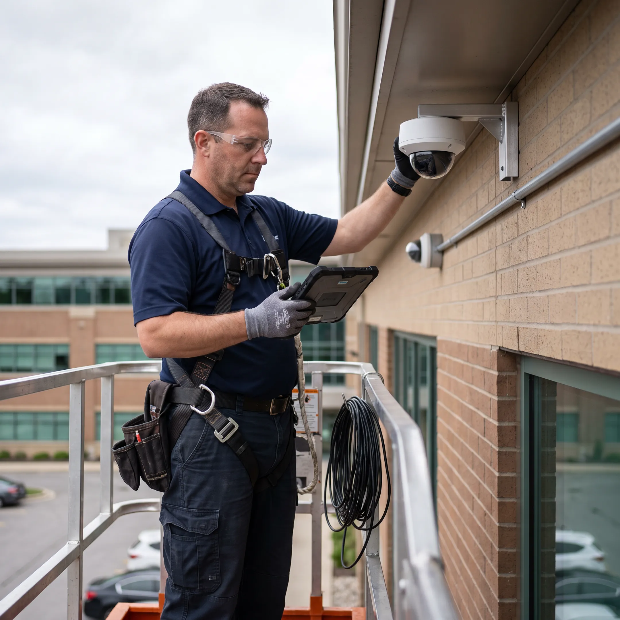 Technician installing CCTV cameras in a commercial facility