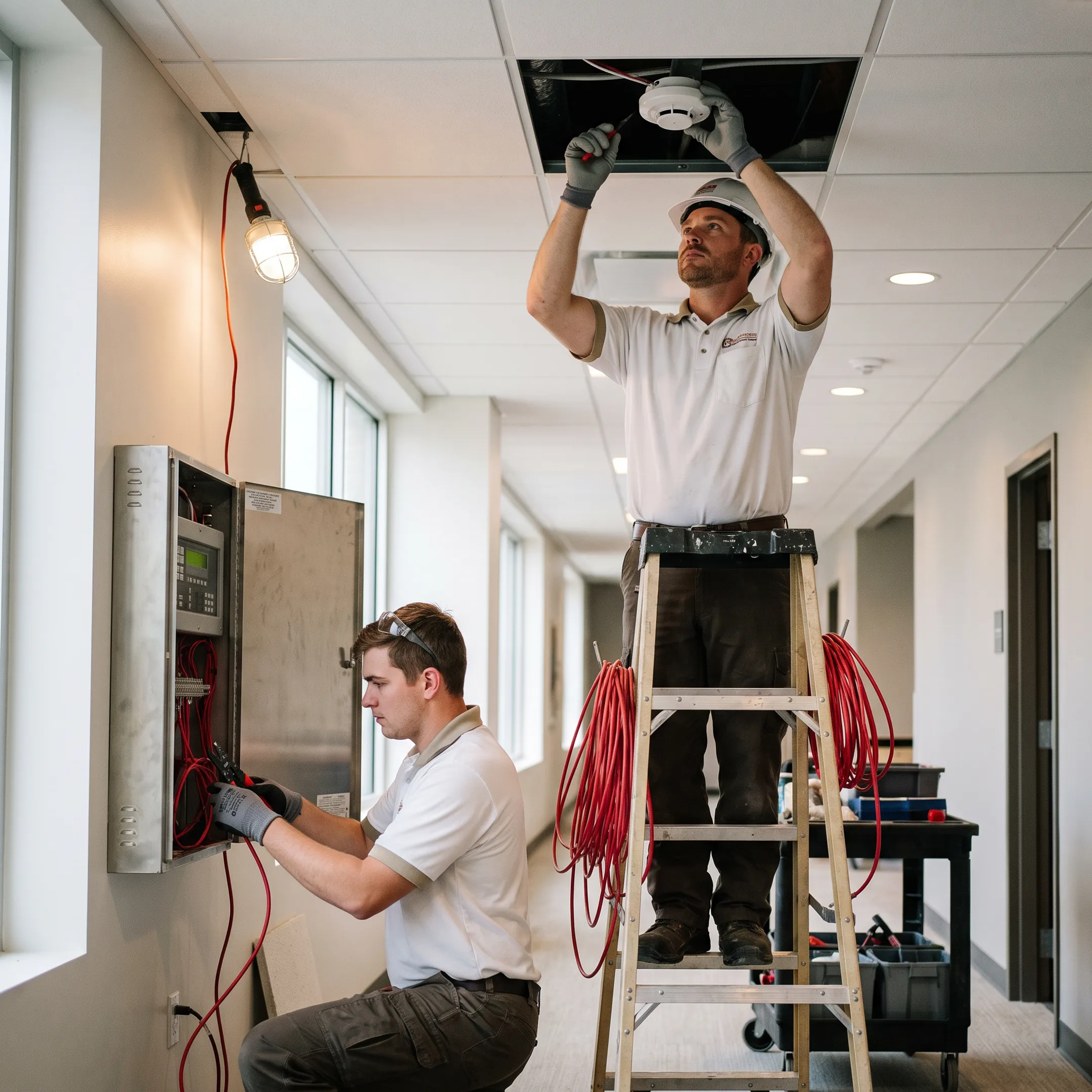 Technicians installing a fire alarm system in a commercial facility