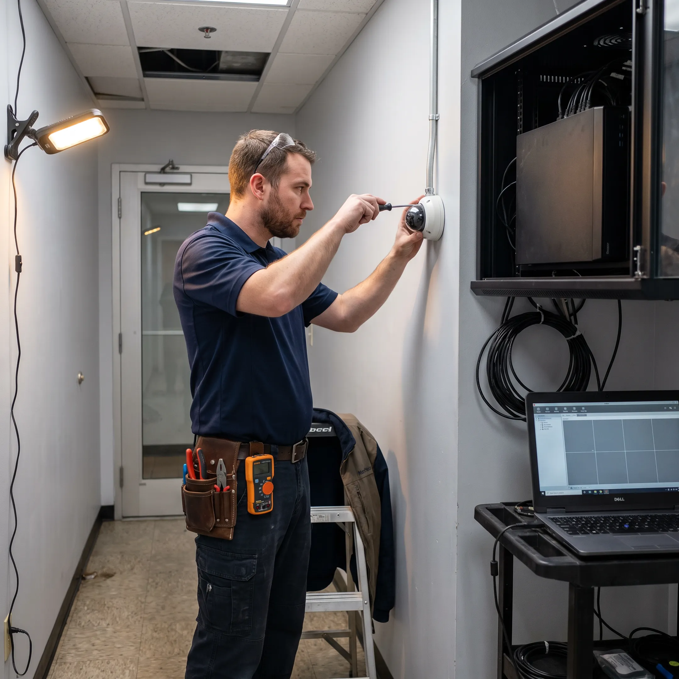 Technician installing commercial video surveillance cameras