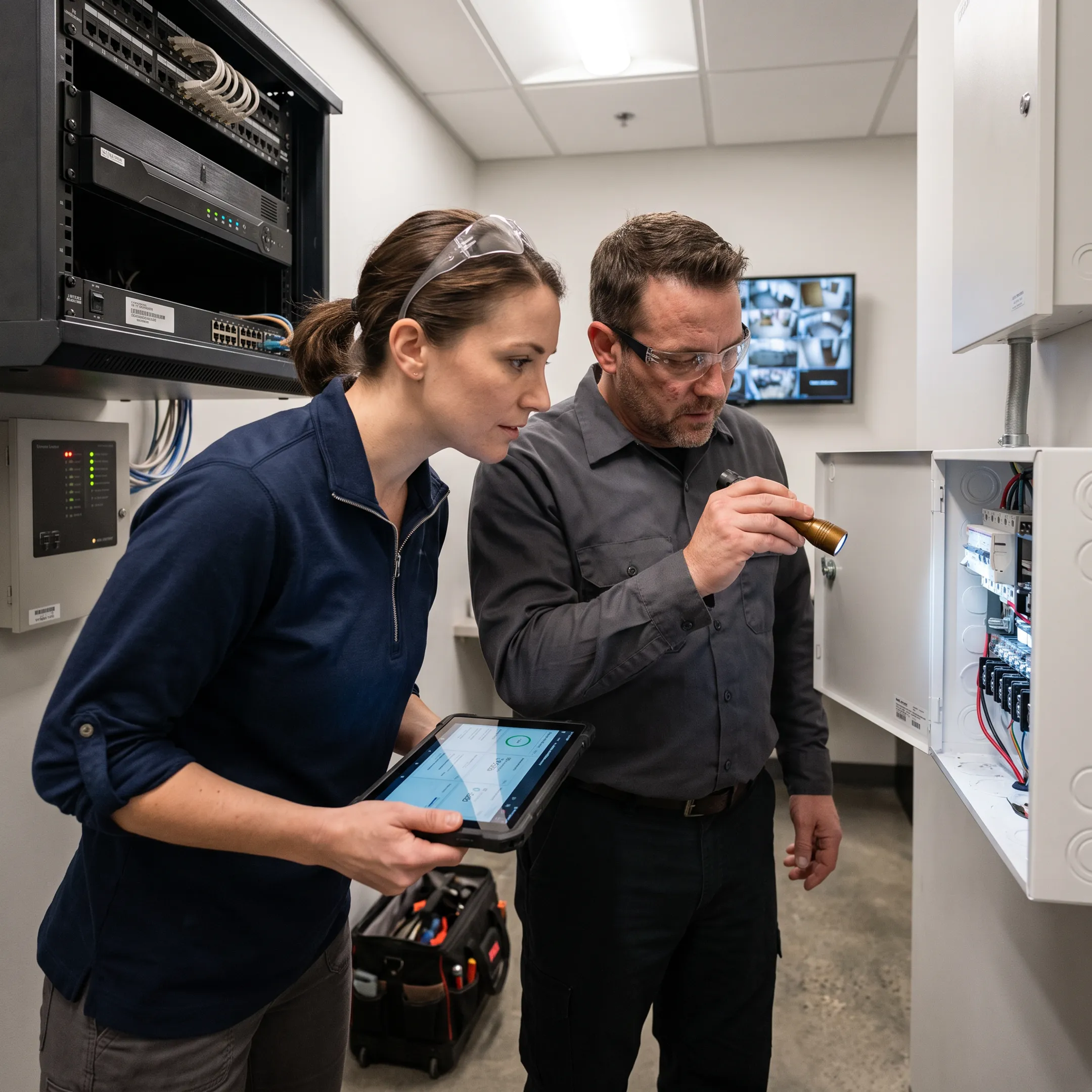 Technicians integrating commercial fire protection and security systems in a facility
