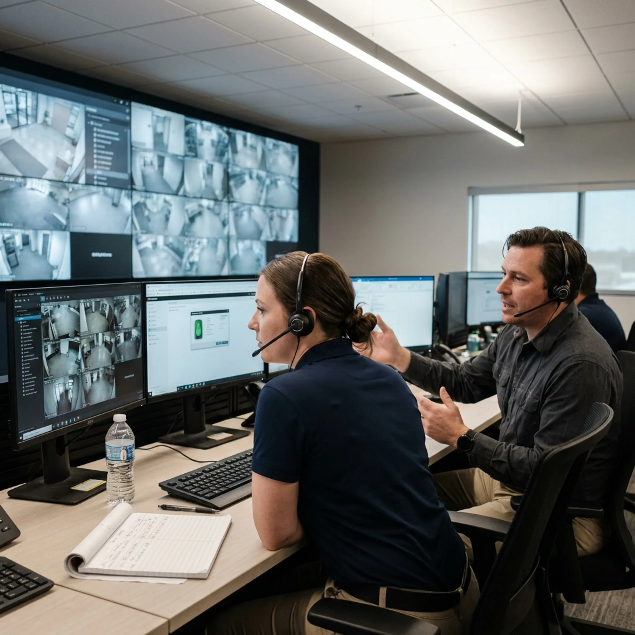 Integrated security control room displaying video surveillance and access monitoring