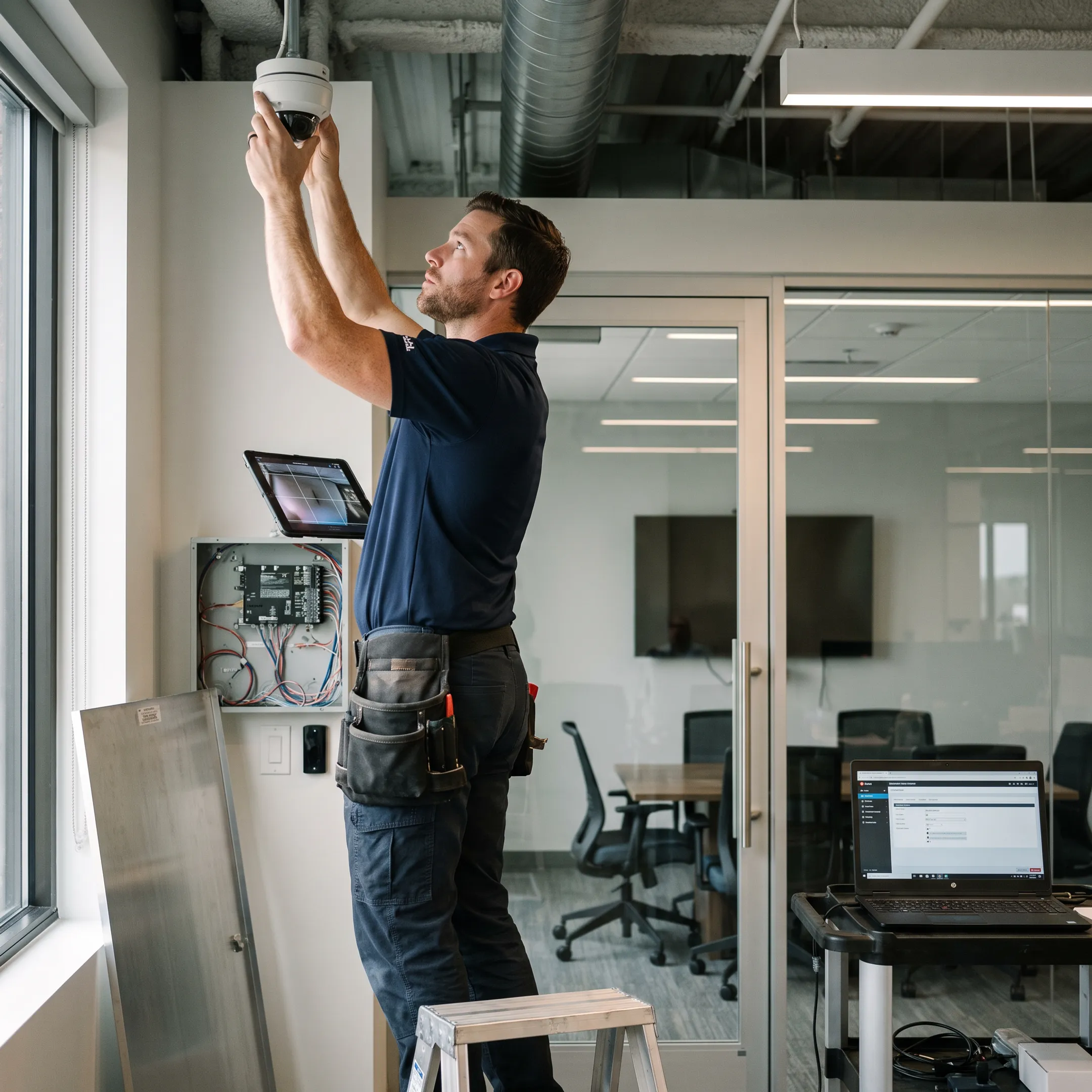 Technician installing integrated electronic security equipment at a commercial facility