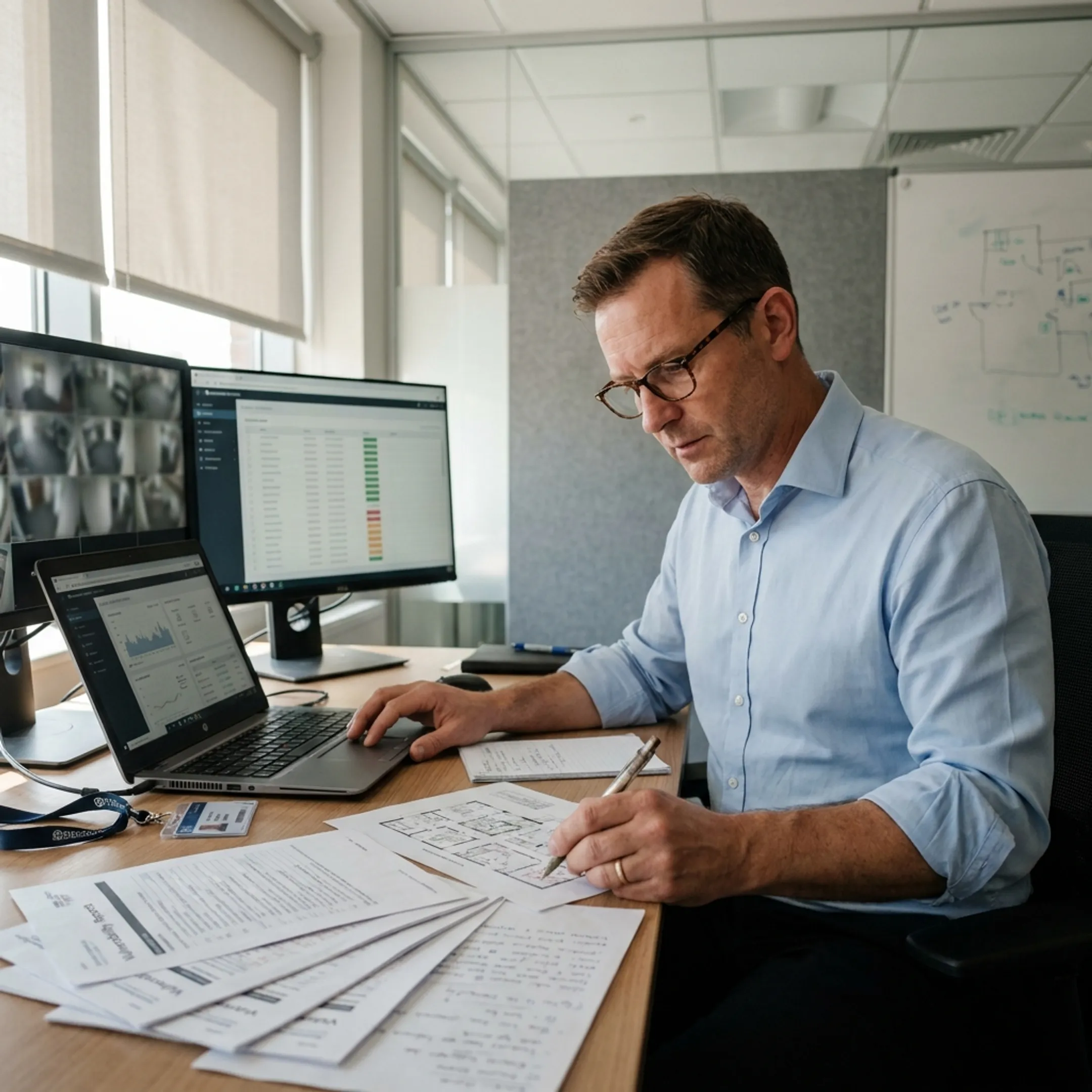 Consultant analyzing security system assessment results