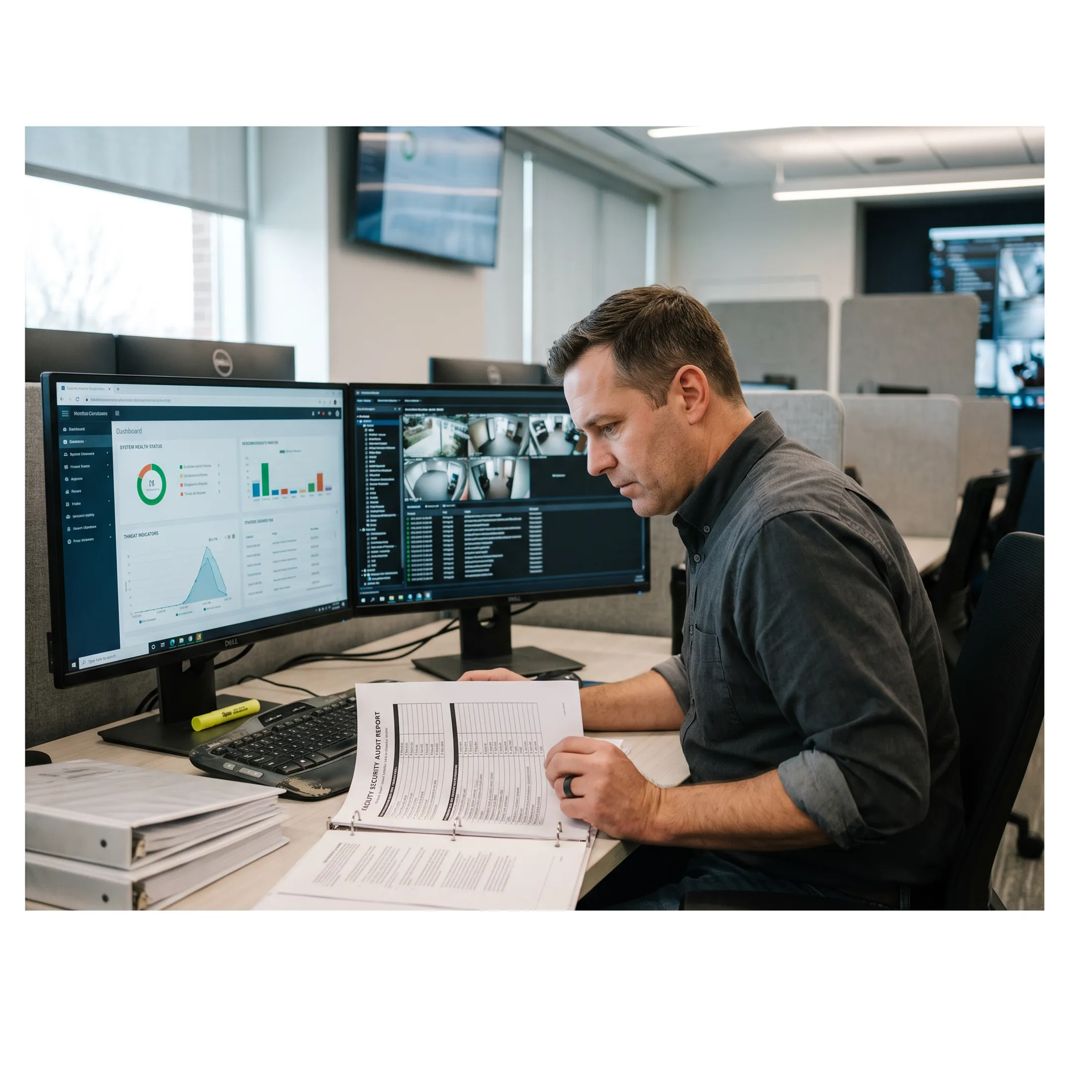Security professional reviewing facility audit findings on a monitor