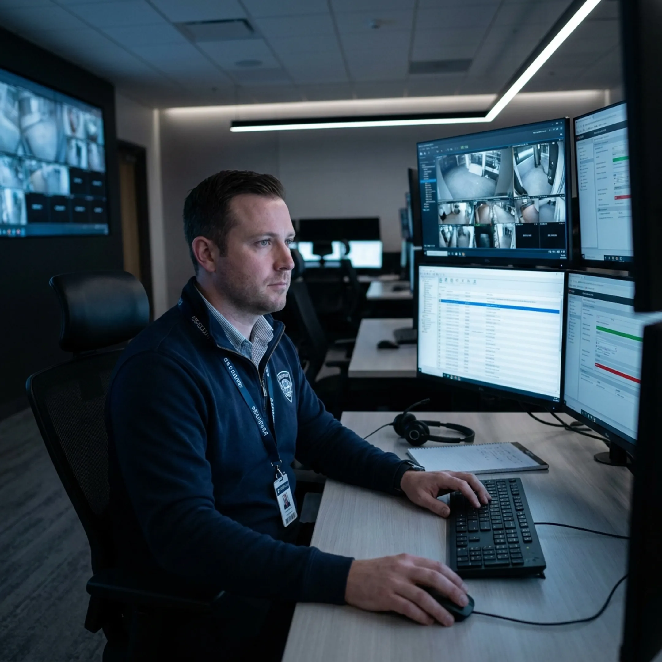 Technician reviewing substation security monitoring systems