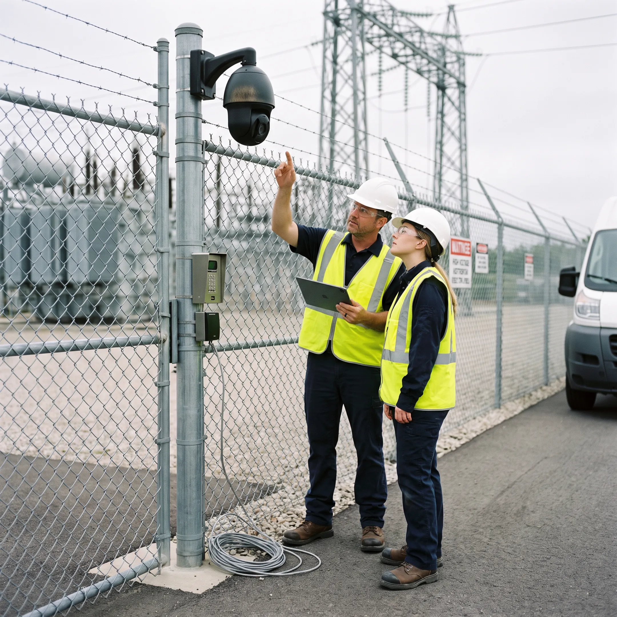 Security cameras and access control protecting an electrical substation
