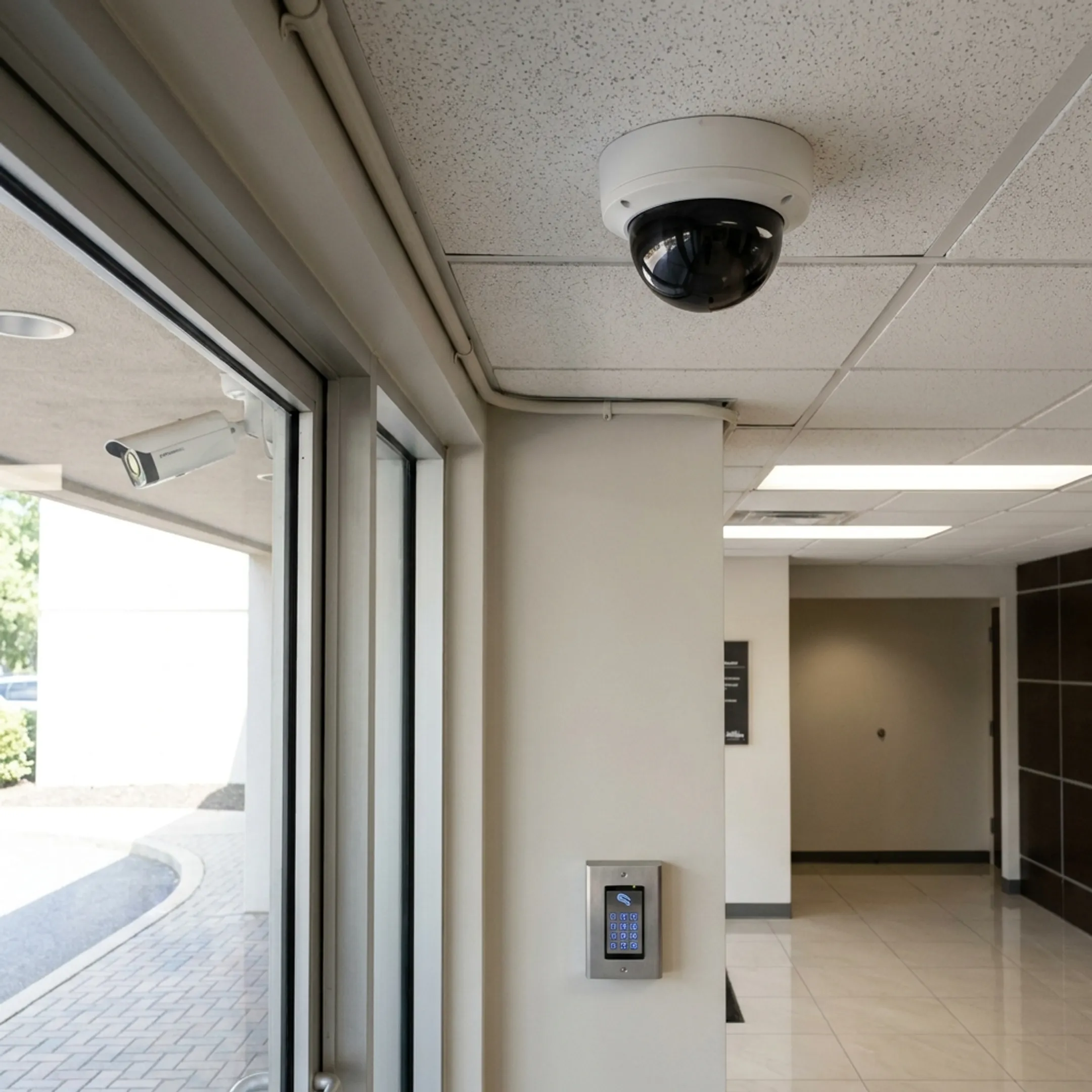 Digital surveillance cameras monitoring activity across a commercial facility