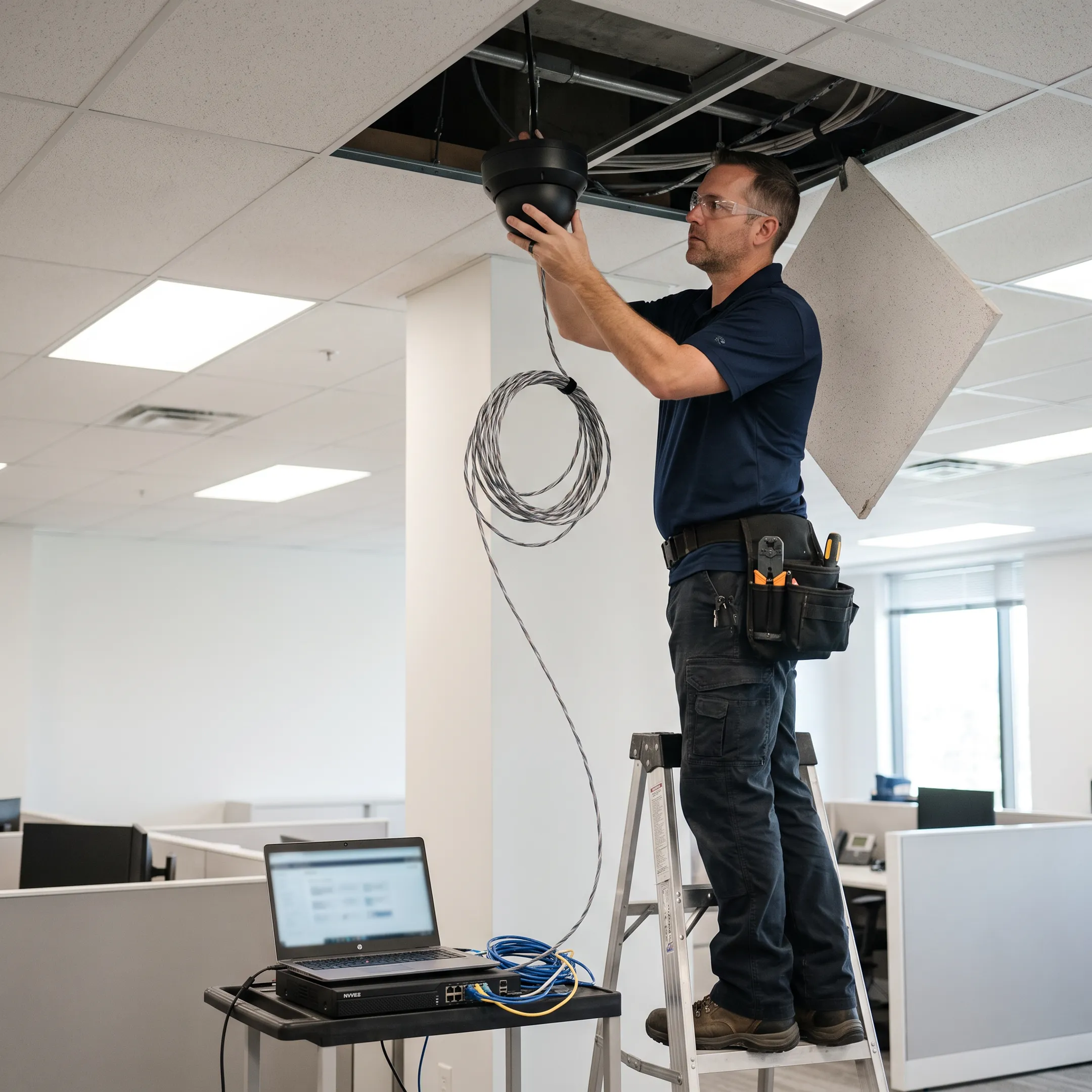Technician installing digital video surveillance cameras in a commercial facility