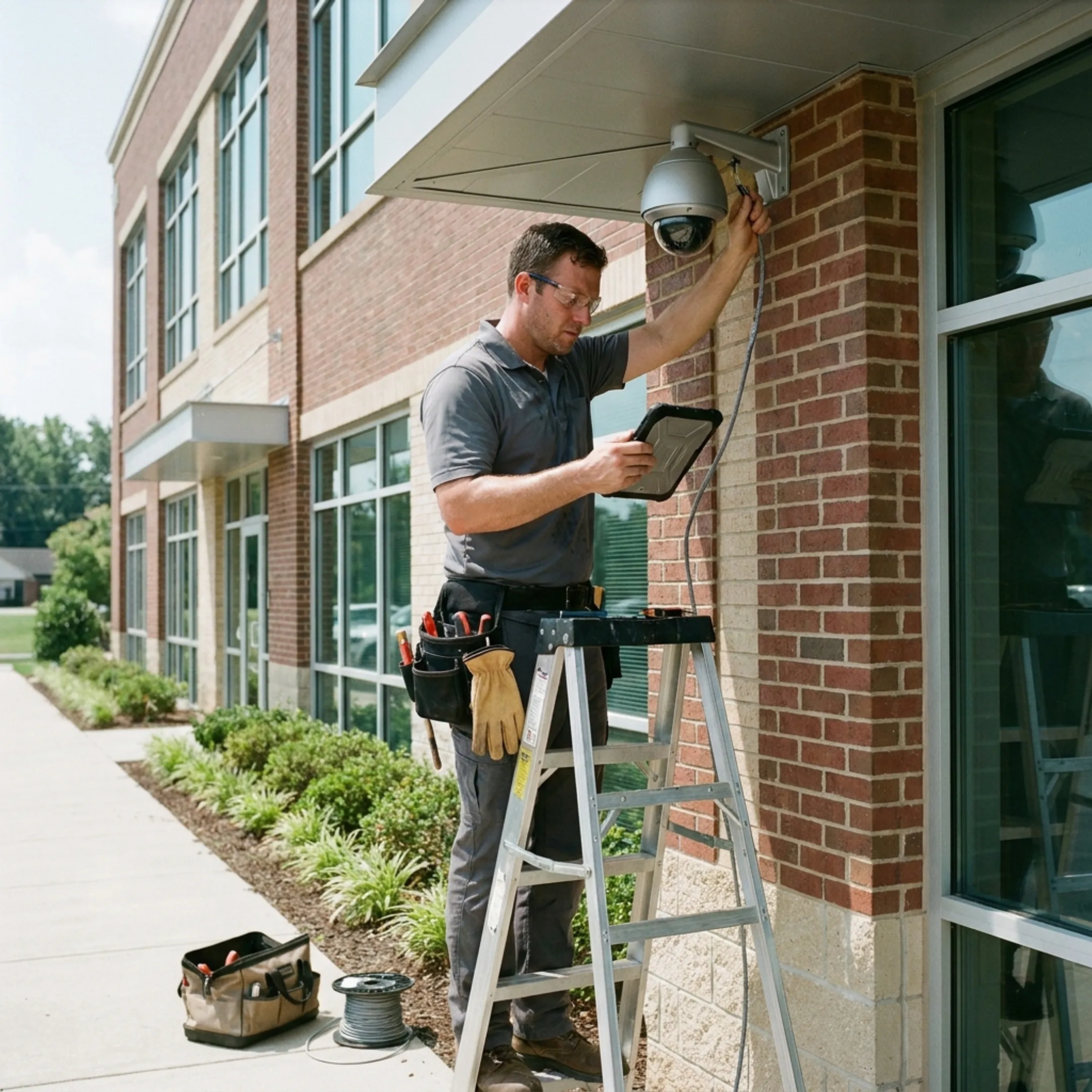 Technician installing commercial security cameras at a facility