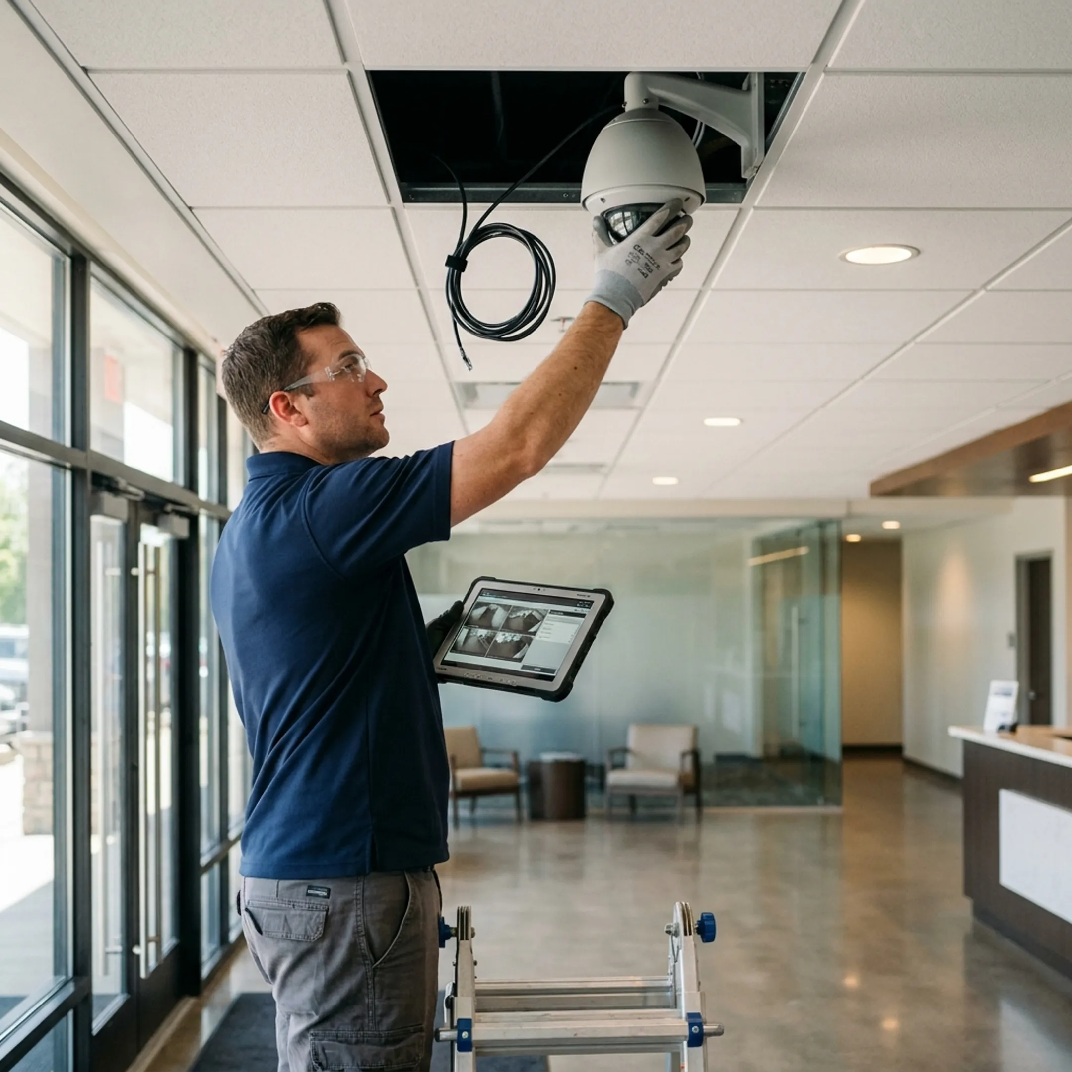 Commercial security cameras integrated with a professional video monitoring system