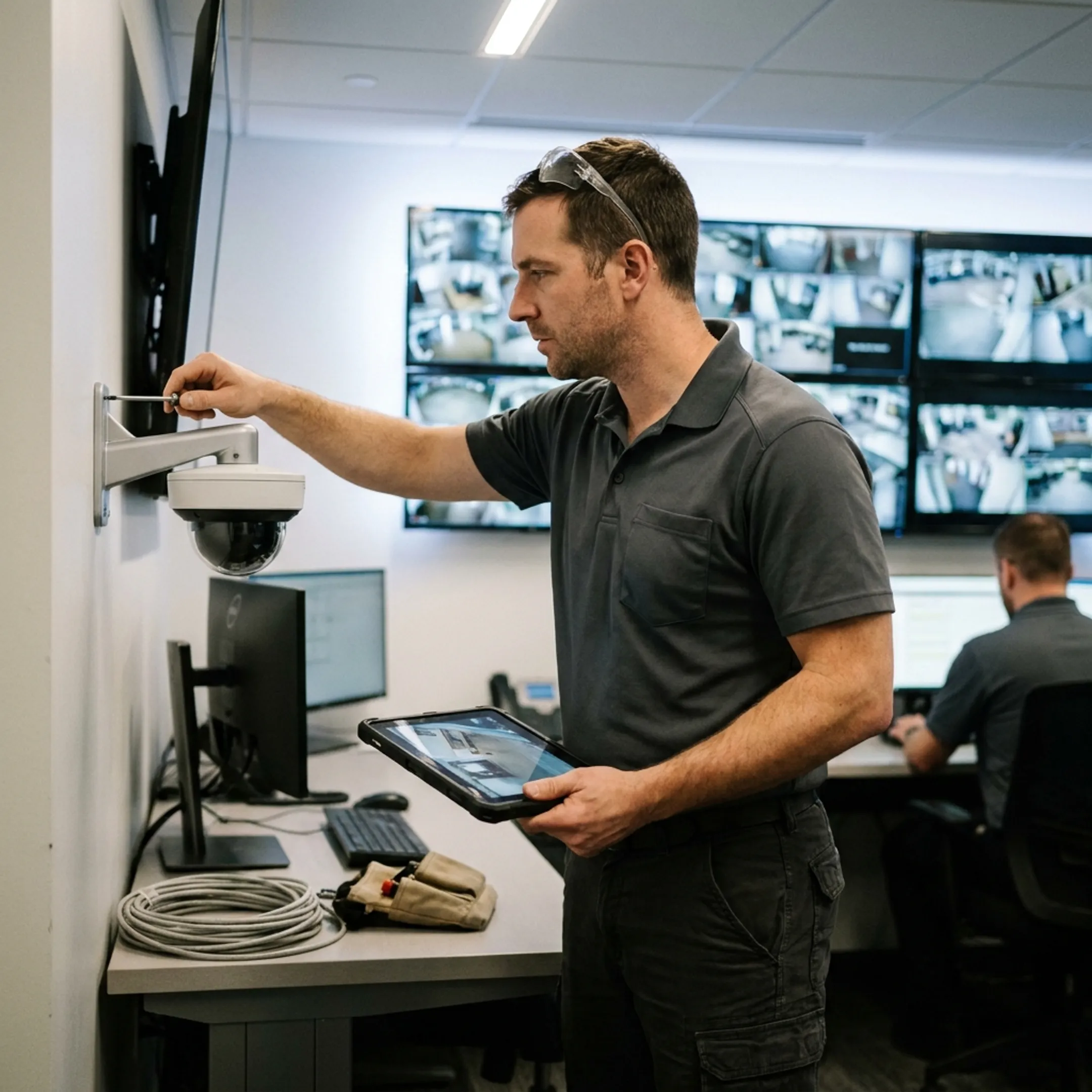 Technician reviewing commercial video surveillance cameras and monitoring screens