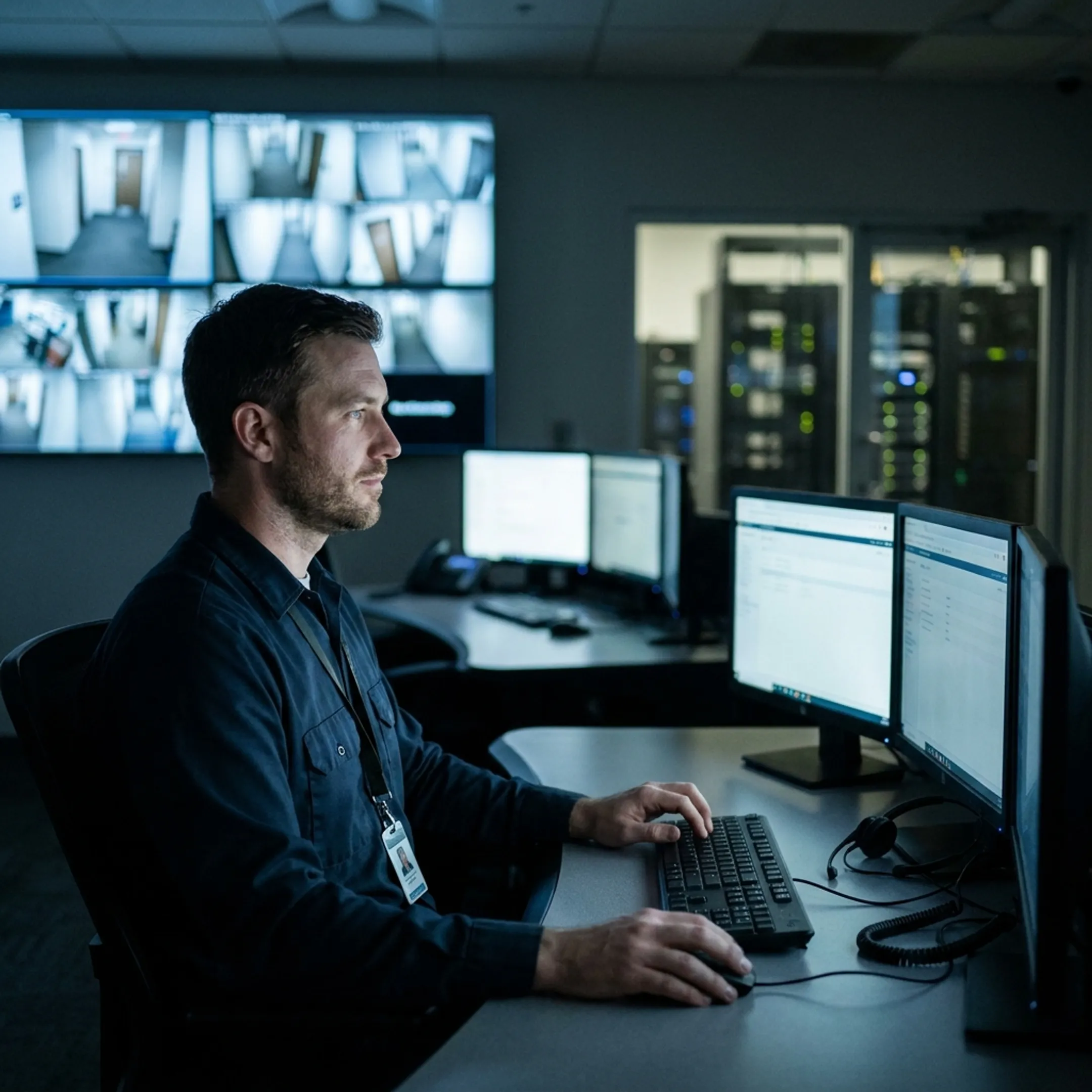 Security technician reviewing data center access control and surveillance systems