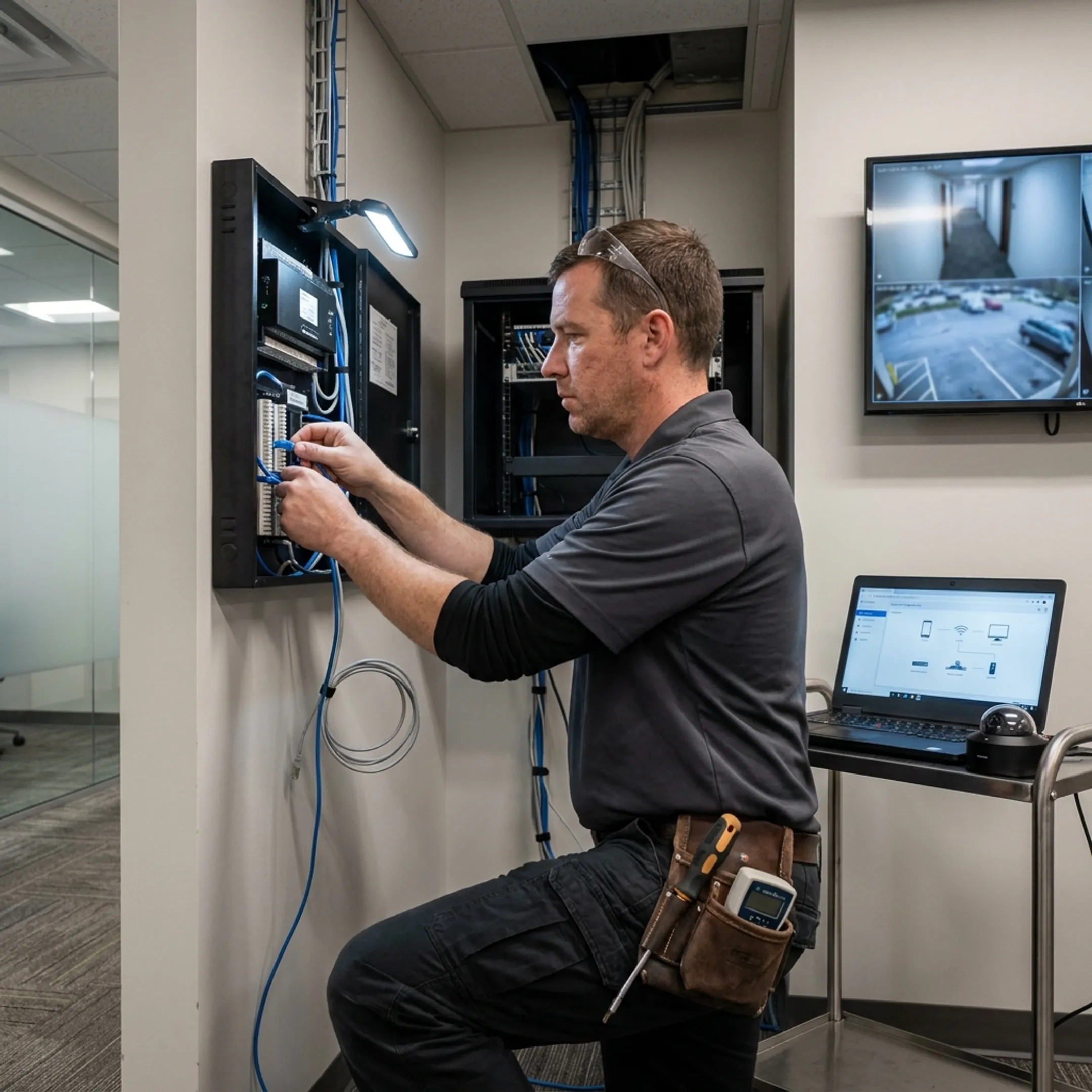 Technician configuring electronic security systems in a commercial facility