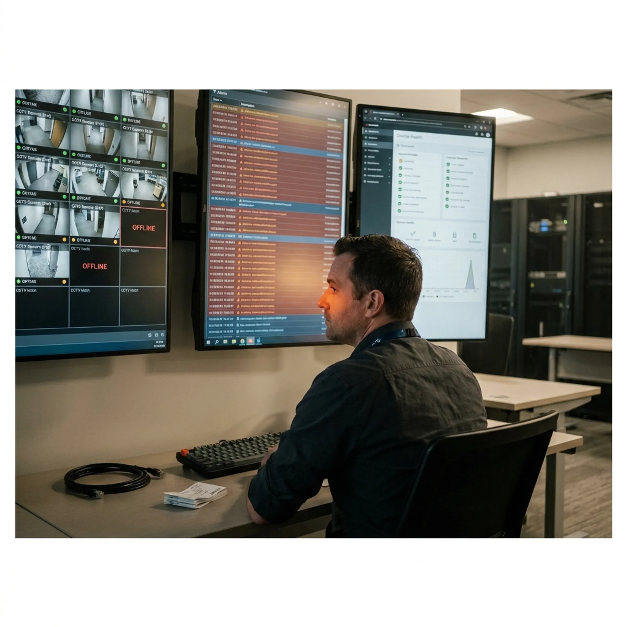 Security monitoring dashboard showing system health and alerts