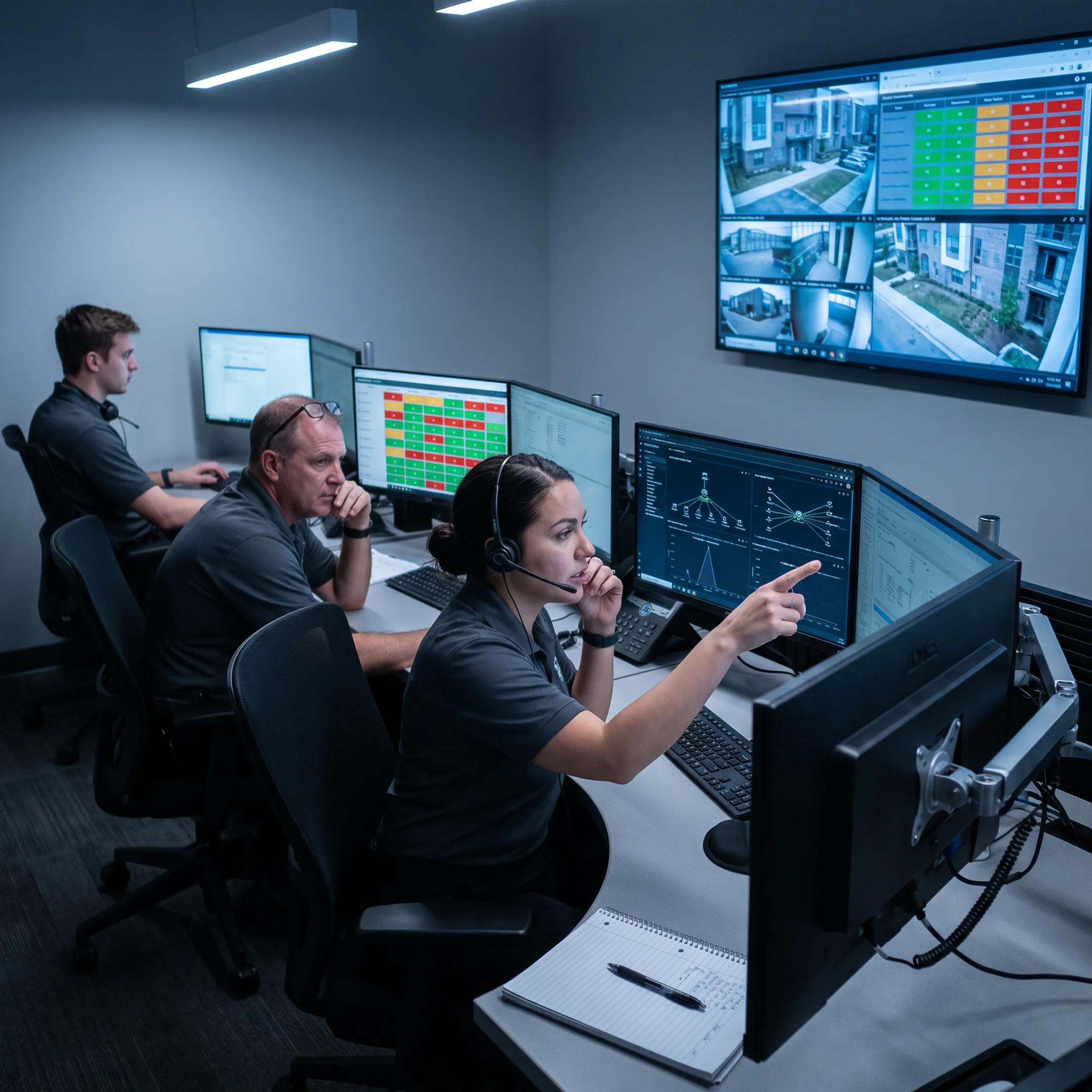 Security operations team monitoring commercial security systems on multiple screens