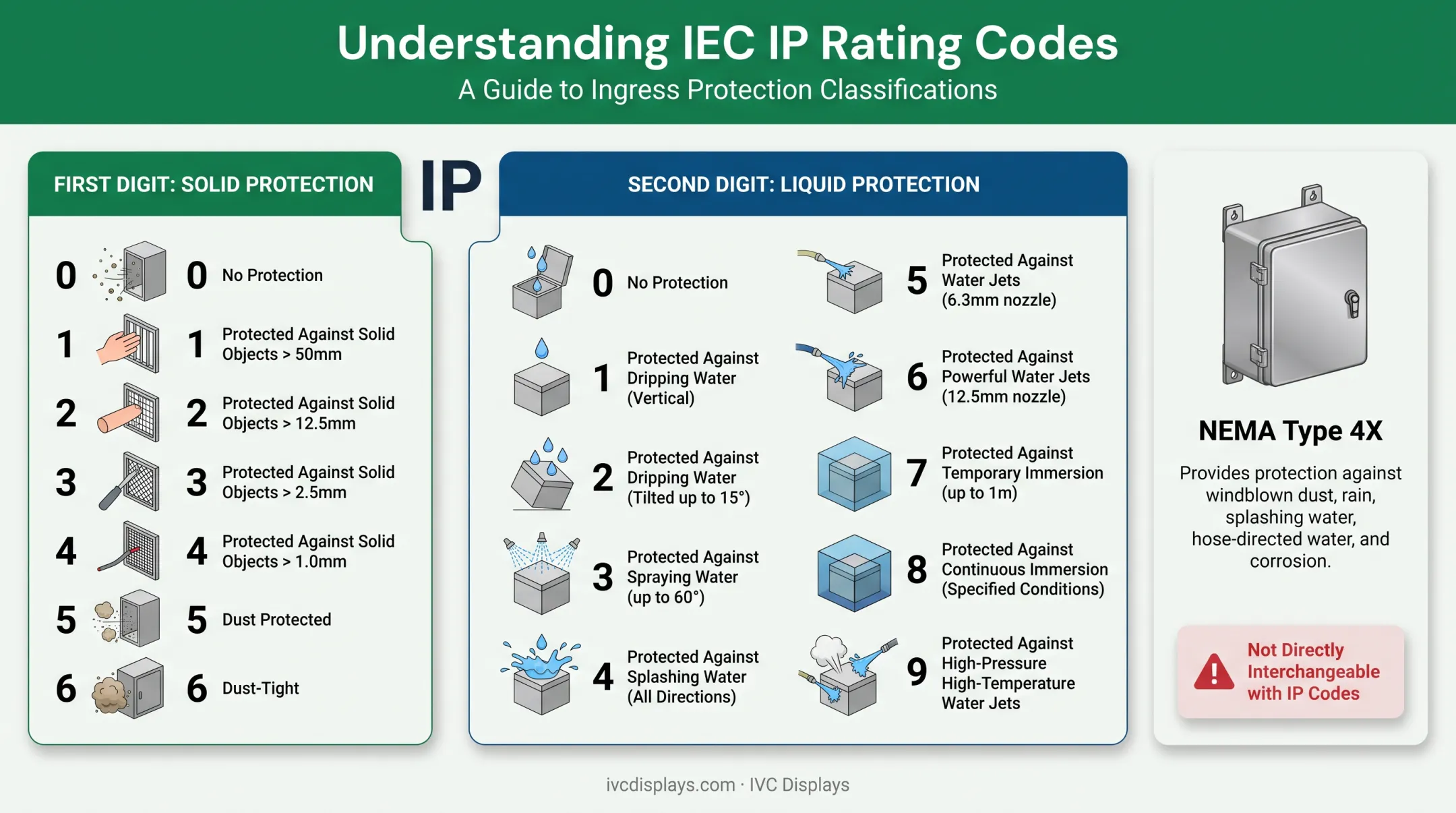 IEC IP code and NEMA rating breakdown for industrial display enclosures