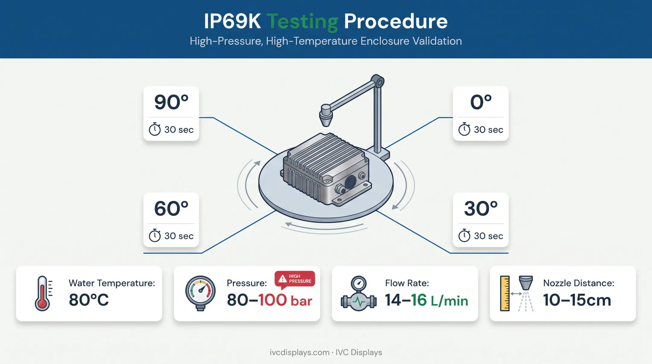 IP69K washdown test procedure showing angles temperature and pressure specs