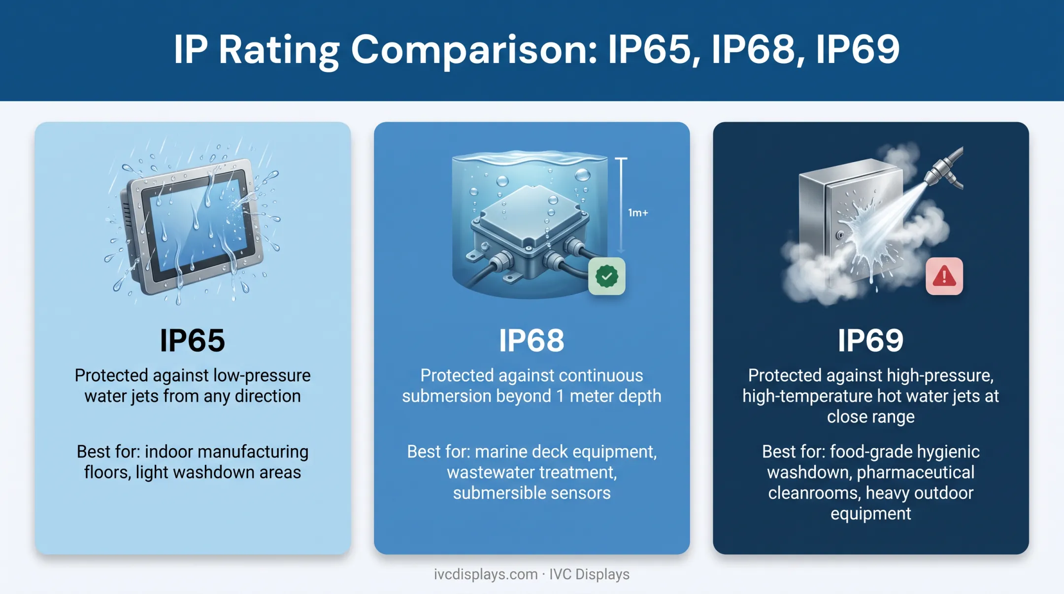 IP65 versus IP68 versus IP69 water resistance comparison chart