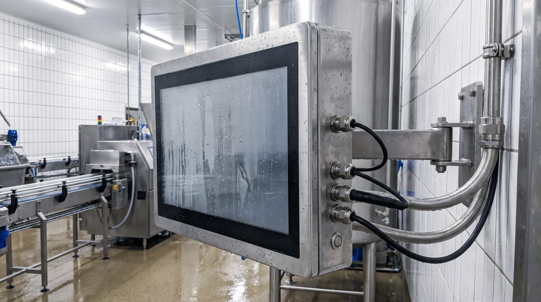 Stainless steel washdown industrial computer installed in food processing facility
