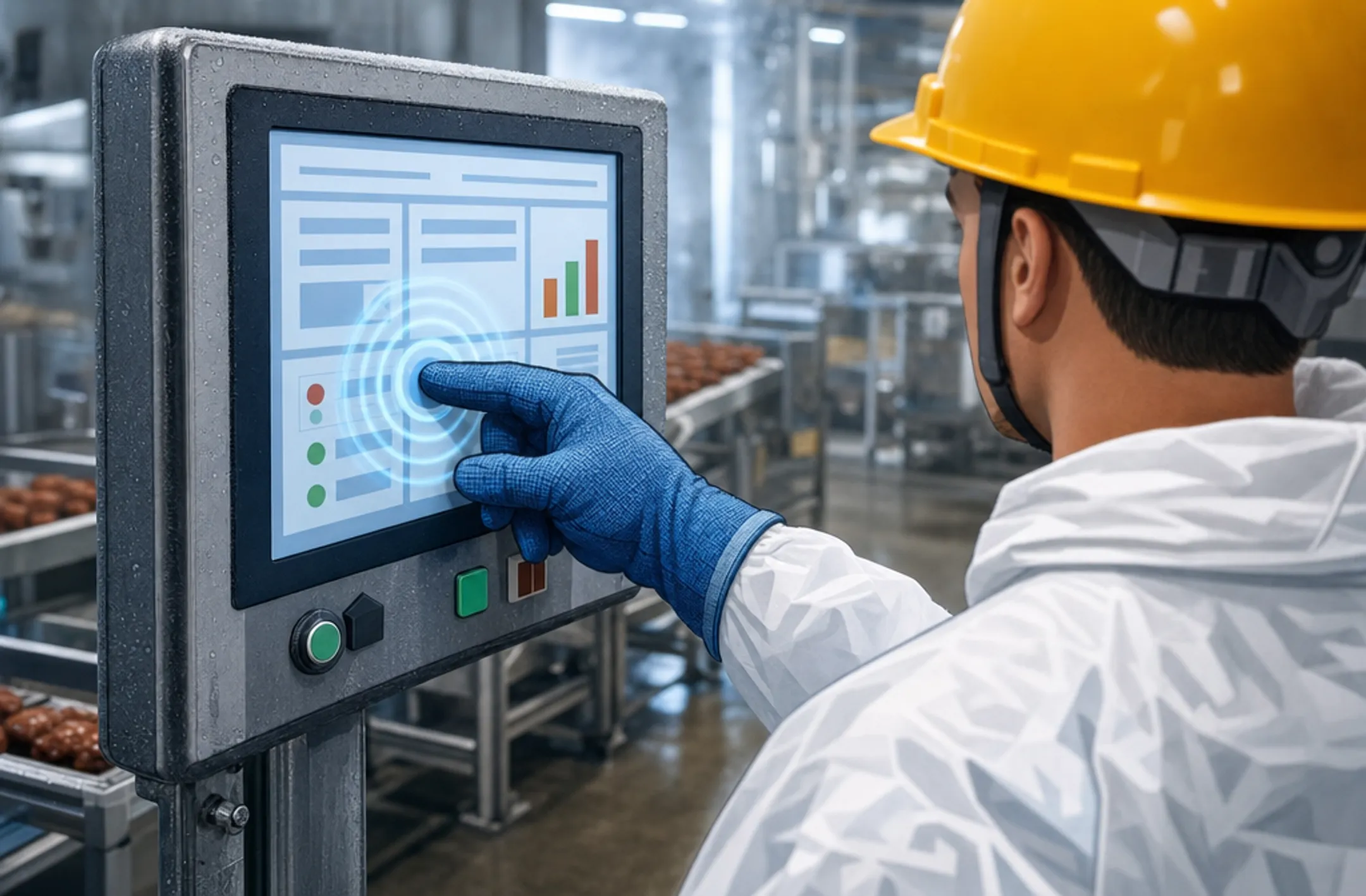 Industrial worker wearing gloves operating rugged touch screen control panel