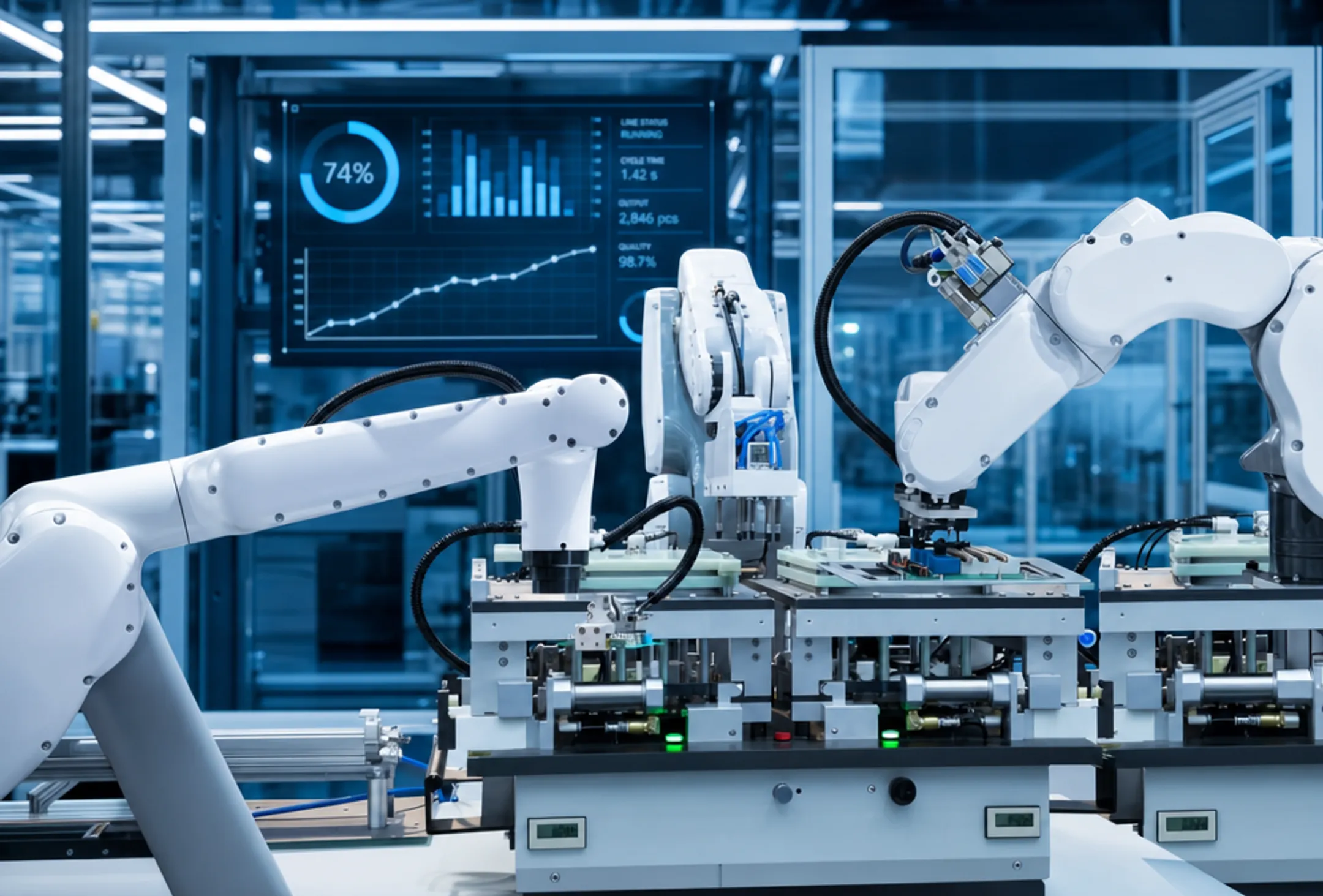Industrial robotic arm on synchronized automated production line