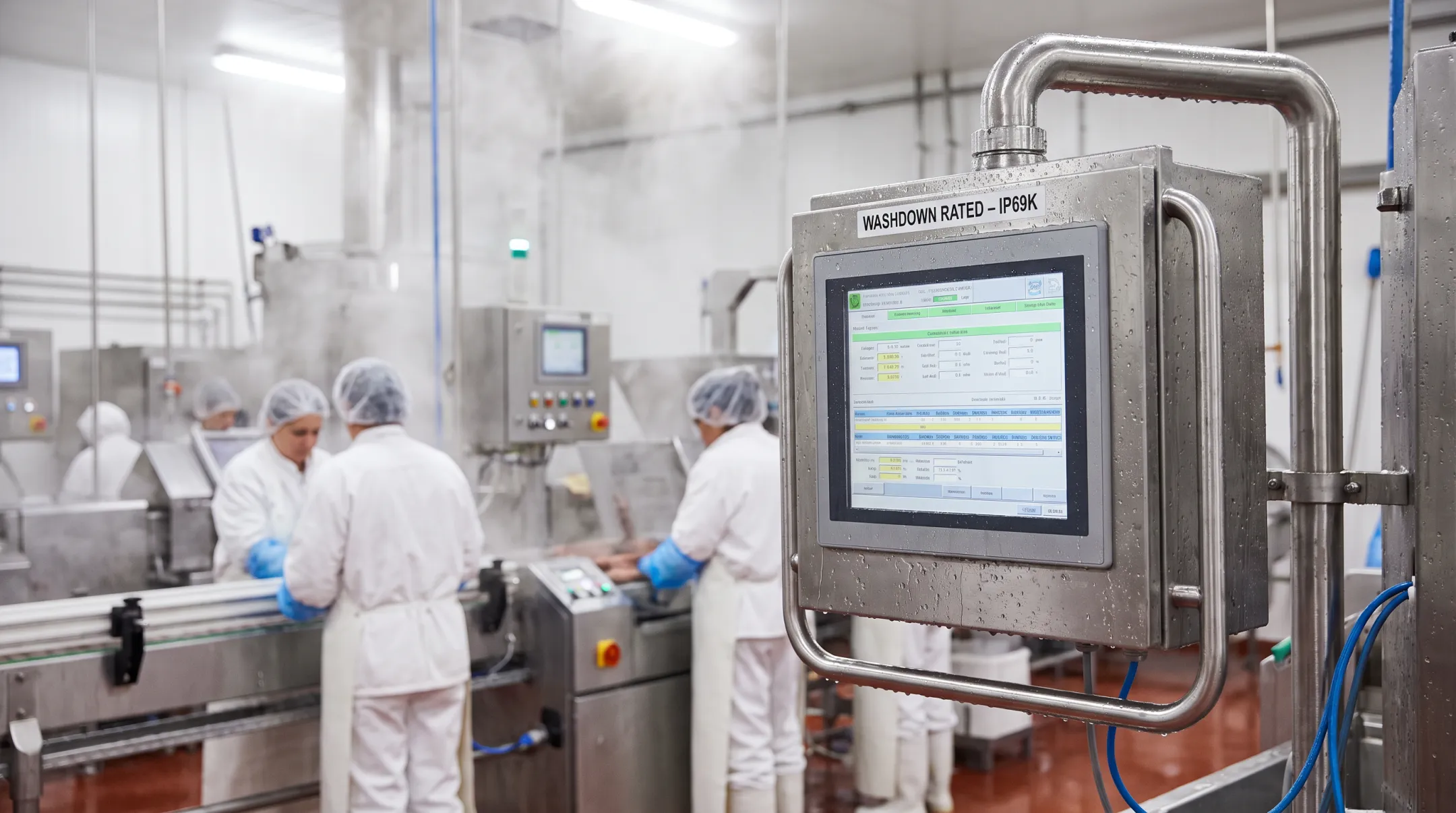 Rugged stainless steel panel PC installed in washdown food processing environment