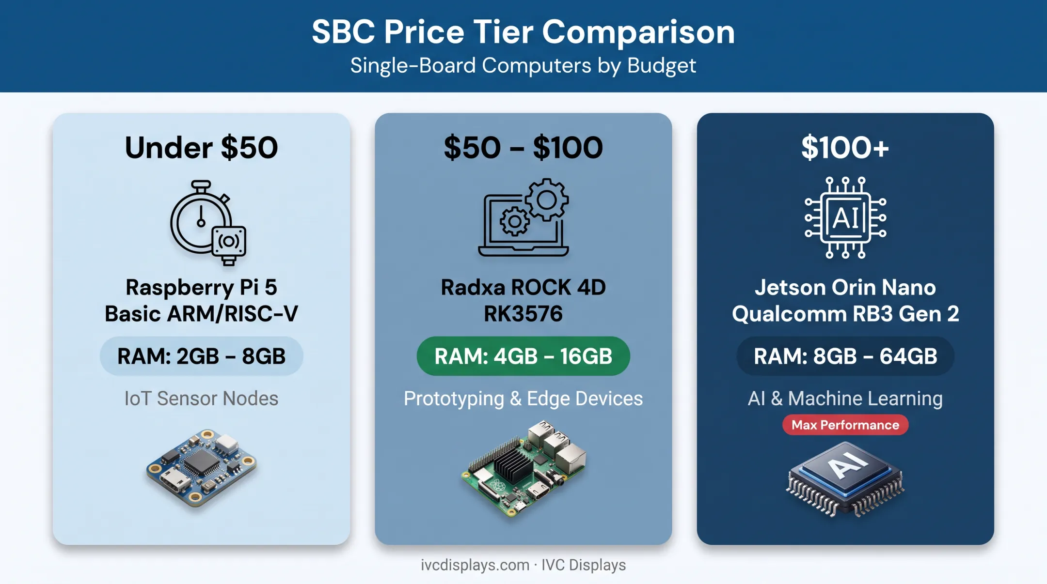 Single board computer comparison chart across budget mid-range and high-end price tiers