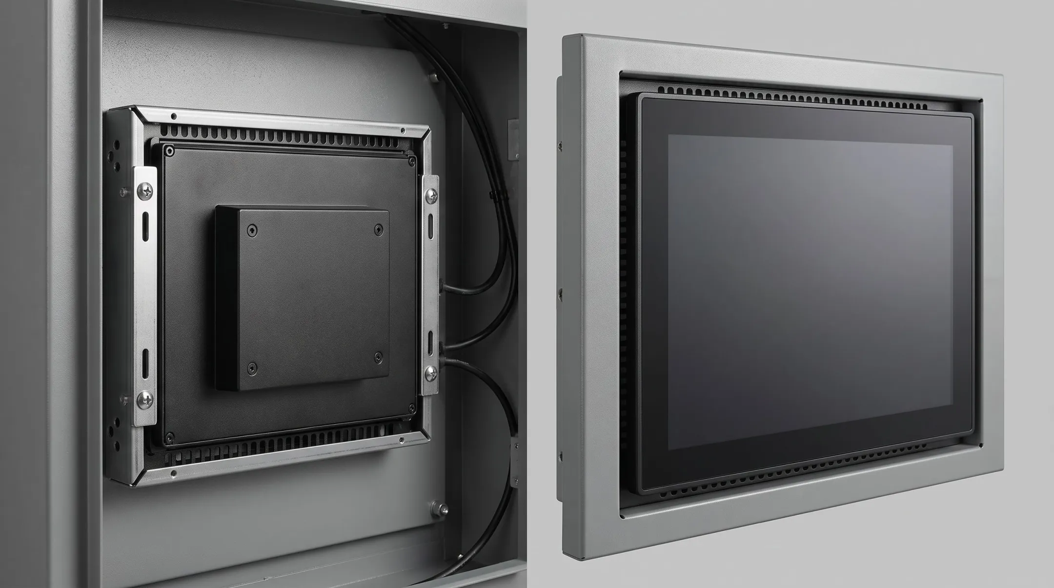 Industrial open frame monitor installed in kiosk enclosure with visible mounting hardware