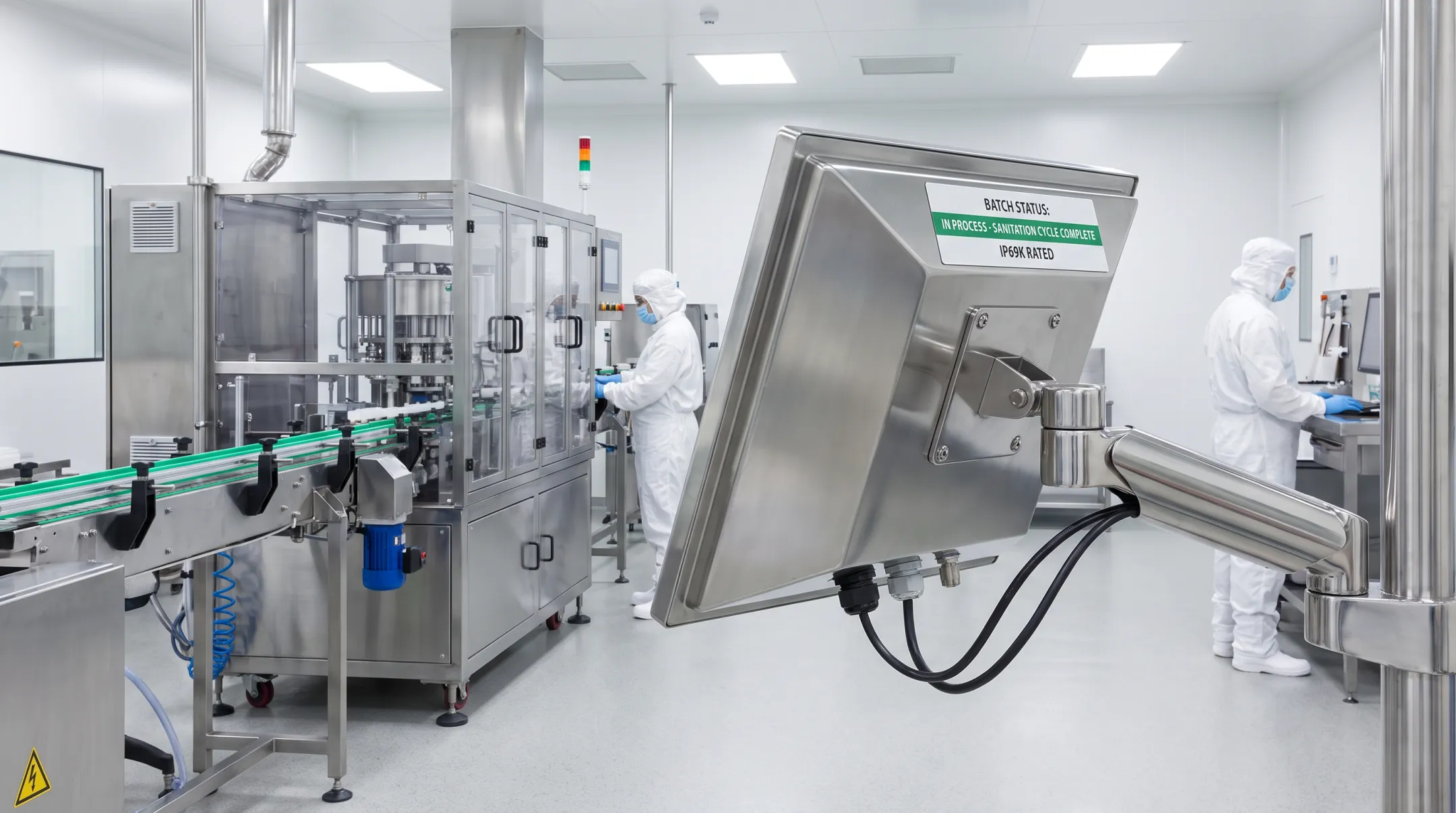 Stainless steel washdown monitor installed on food processing production line