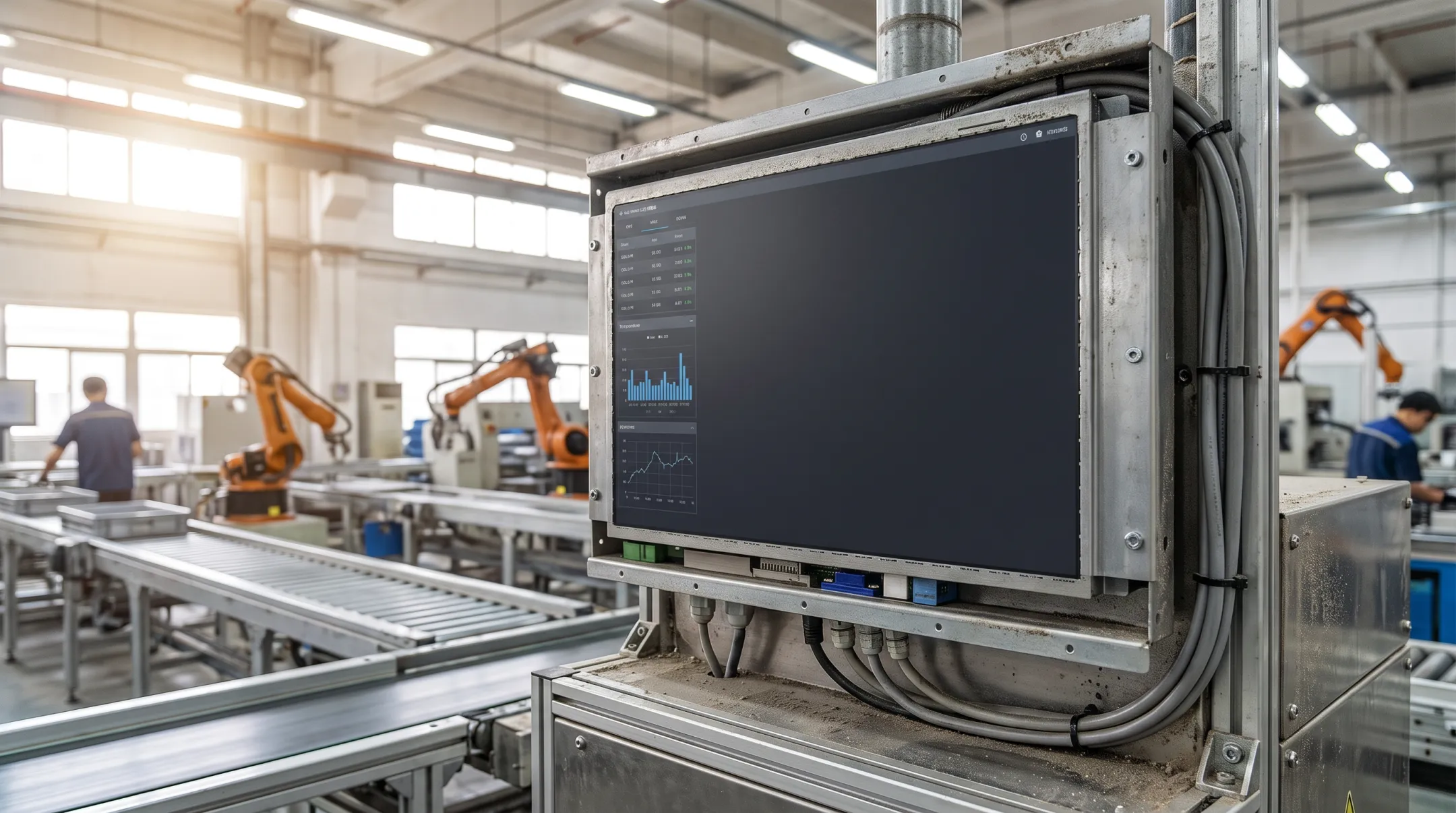 Open frame industrial monitor with anti-glare display in factory setting