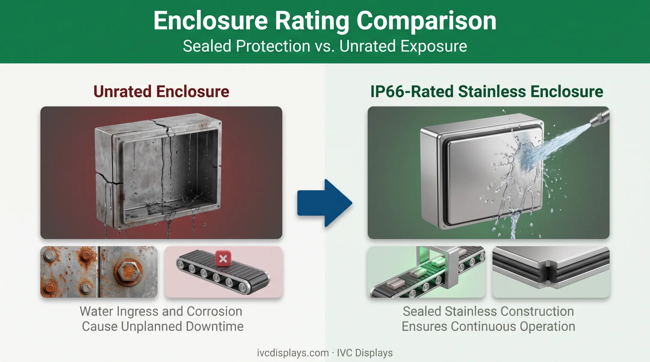 Food processing washdown failure scenario versus IP66-rated solution comparison