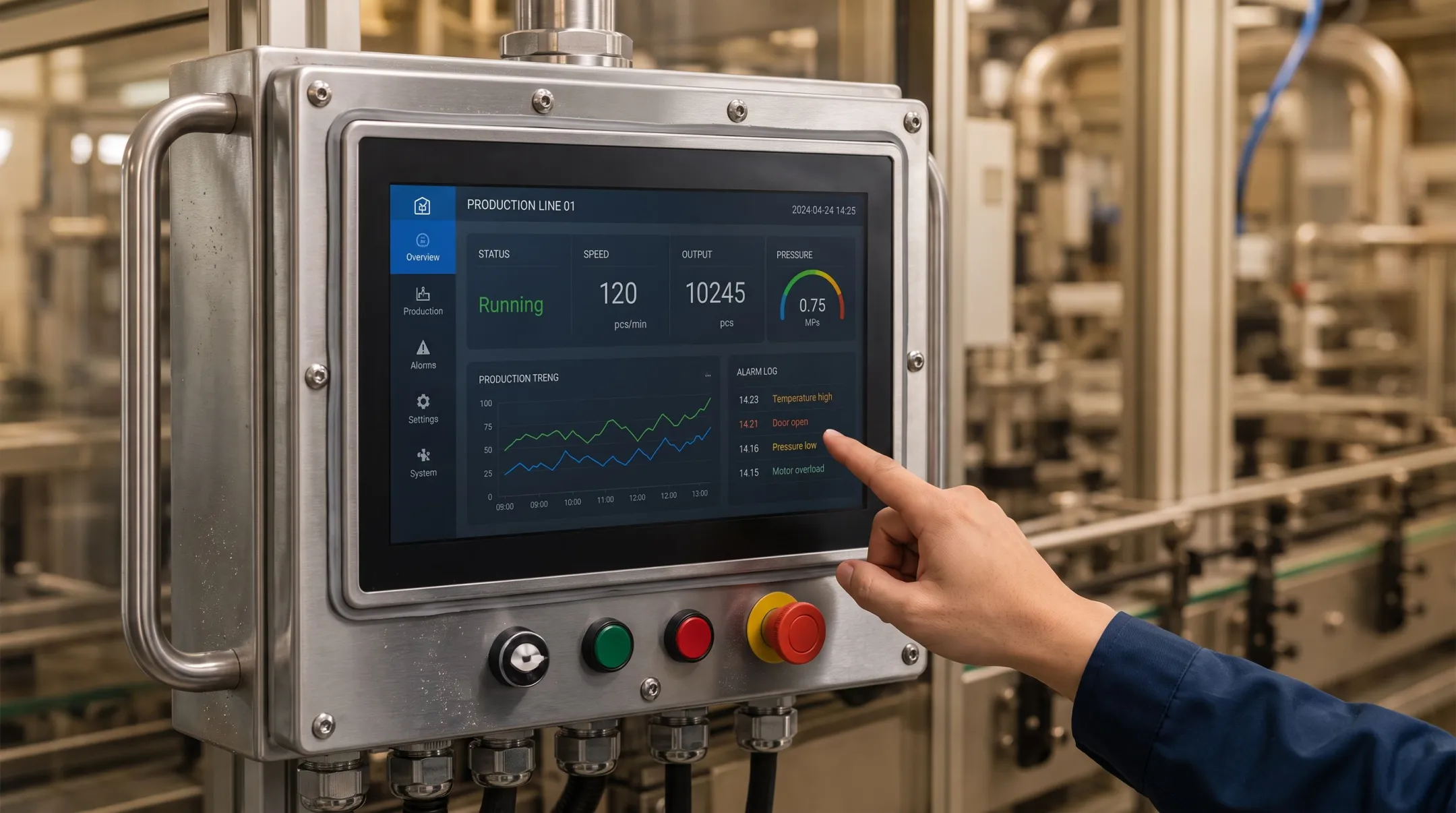 Rugged industrial panel PC installed in harsh factory floor environment