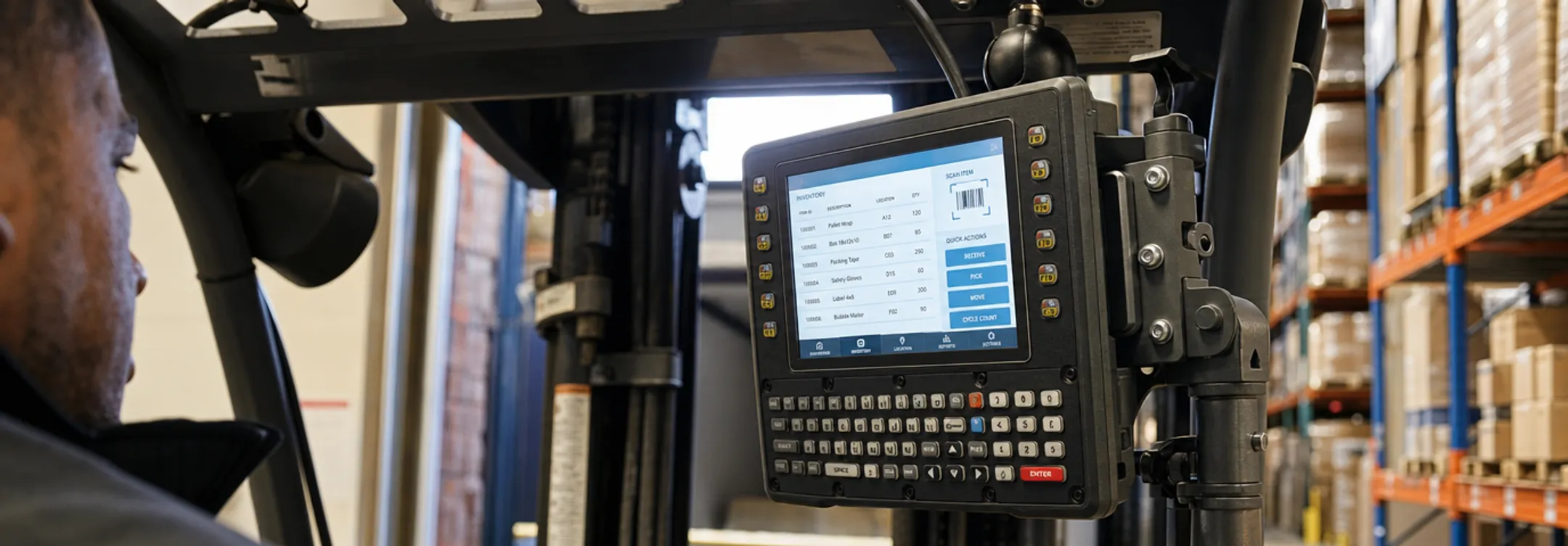 Forklift mounted rugged vehicle-mount computer terminal in warehouse