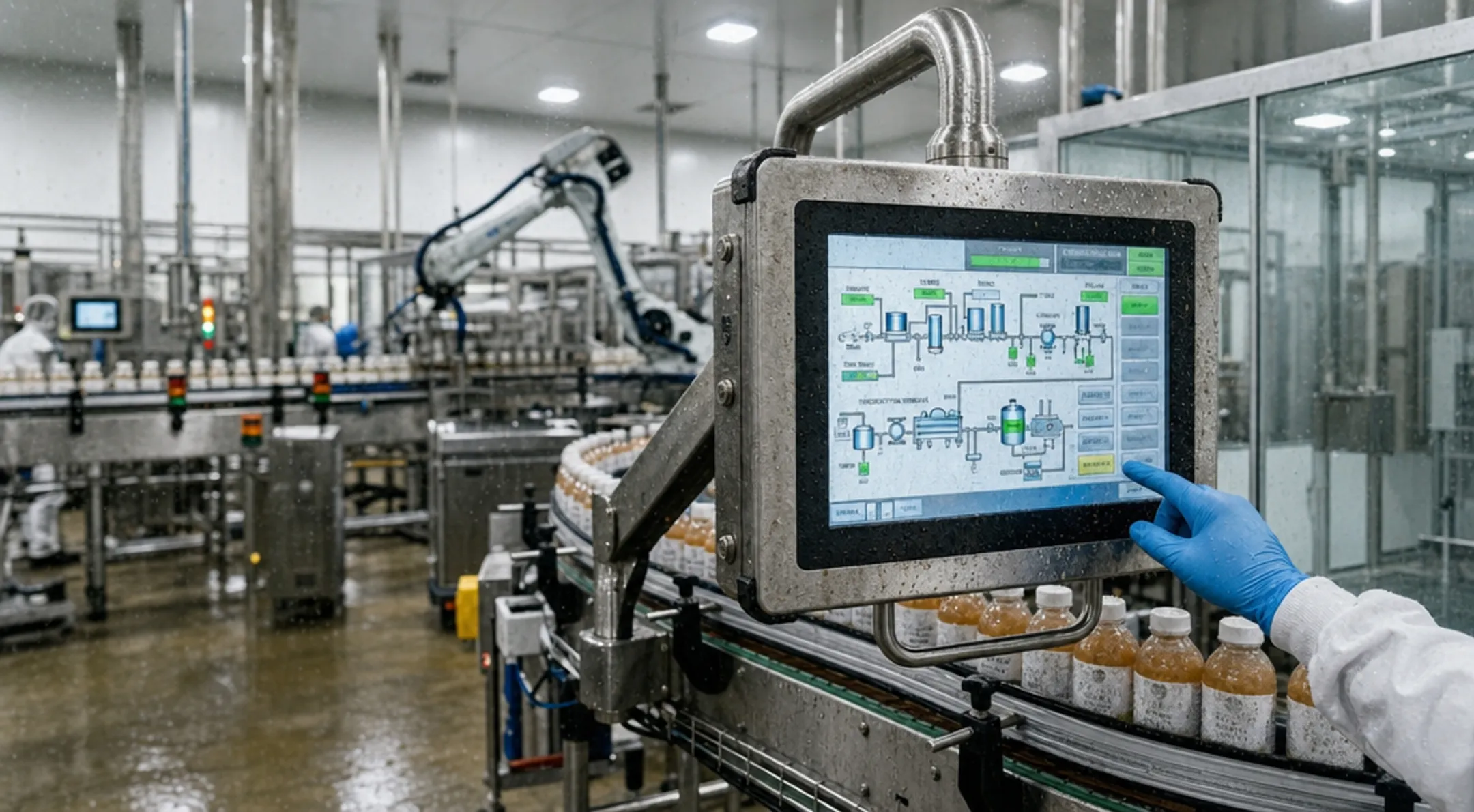 Rugged industrial panel PC mounted on factory floor equipment