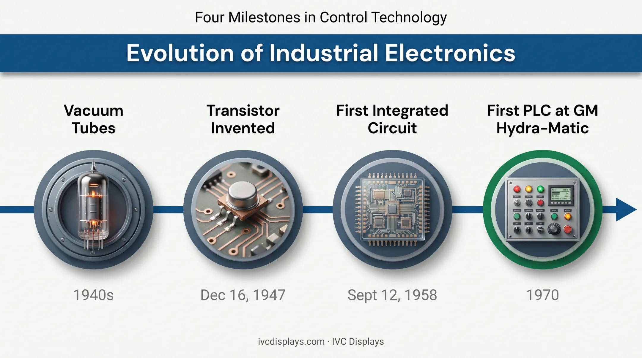 Timeline of industrial electronics evolution from vacuum tubes to smart factories