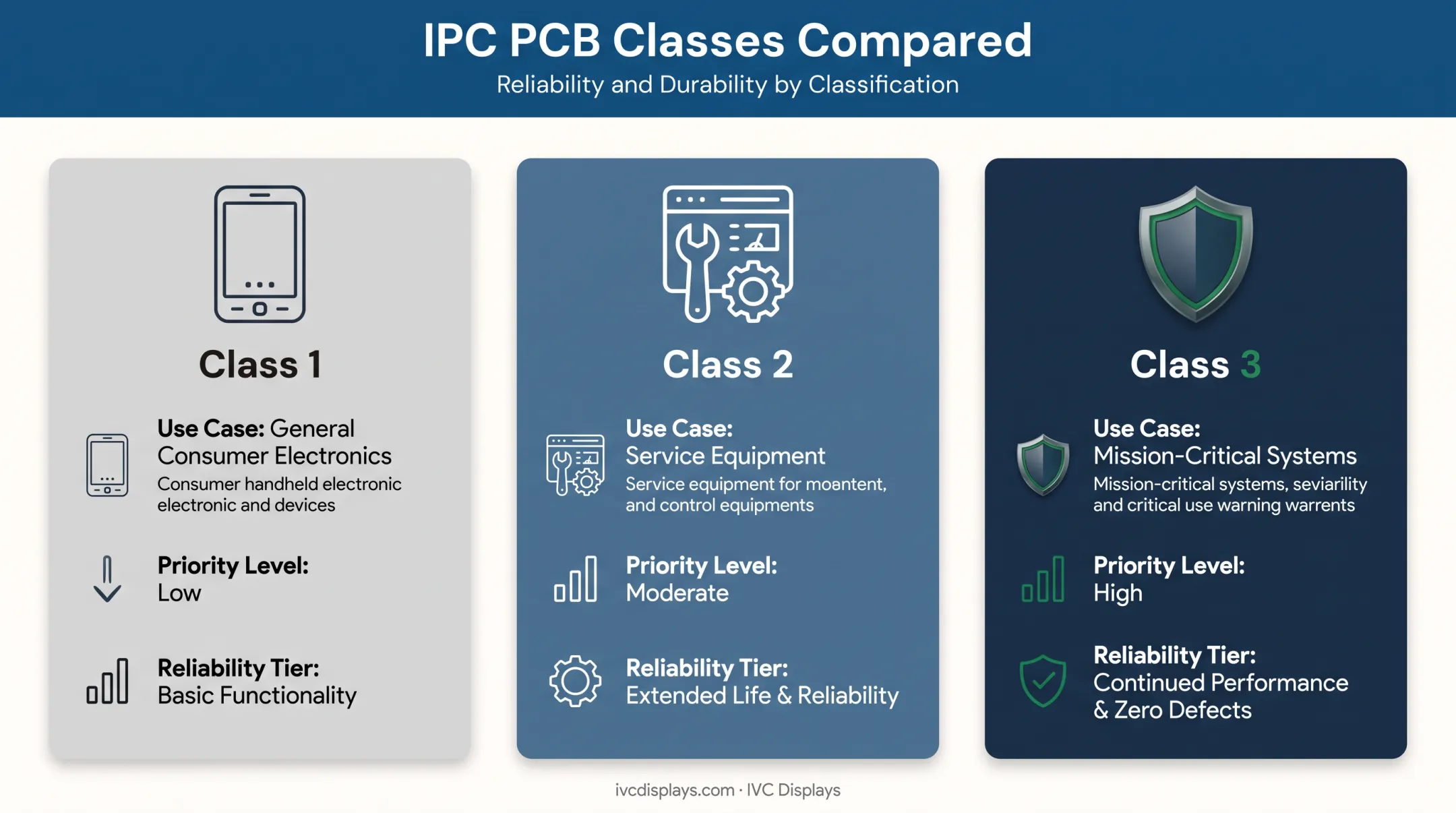 IPC PCB classification chart comparing Class 1 2 and 3 reliability tiers