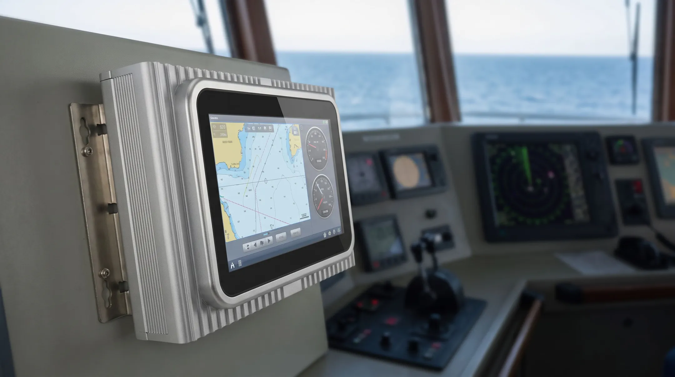 Rugged marine-grade panel PC installed on ship bridge control station