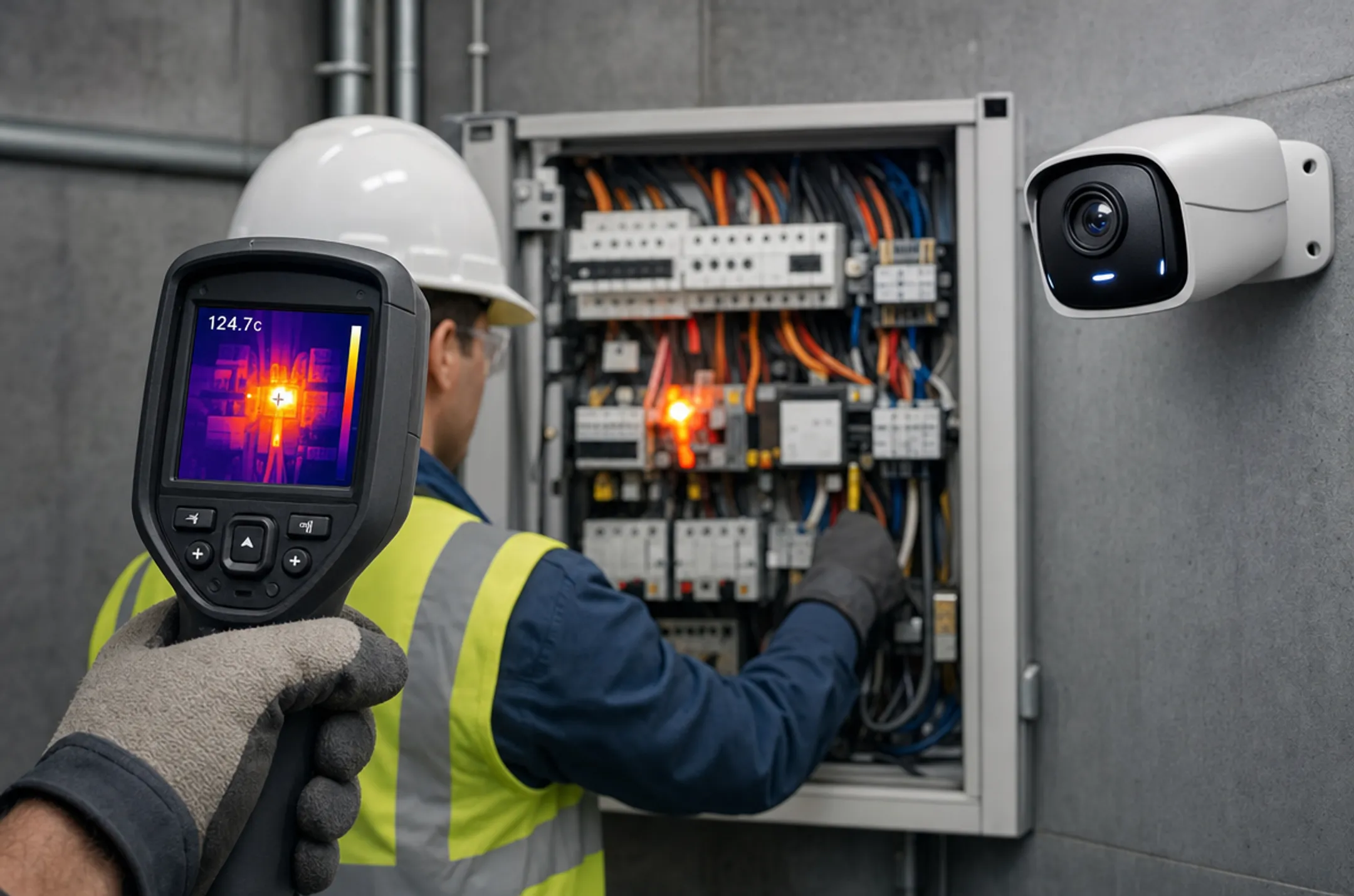 Thermal imaging camera inspecting industrial electrical equipment for predictive maintenance