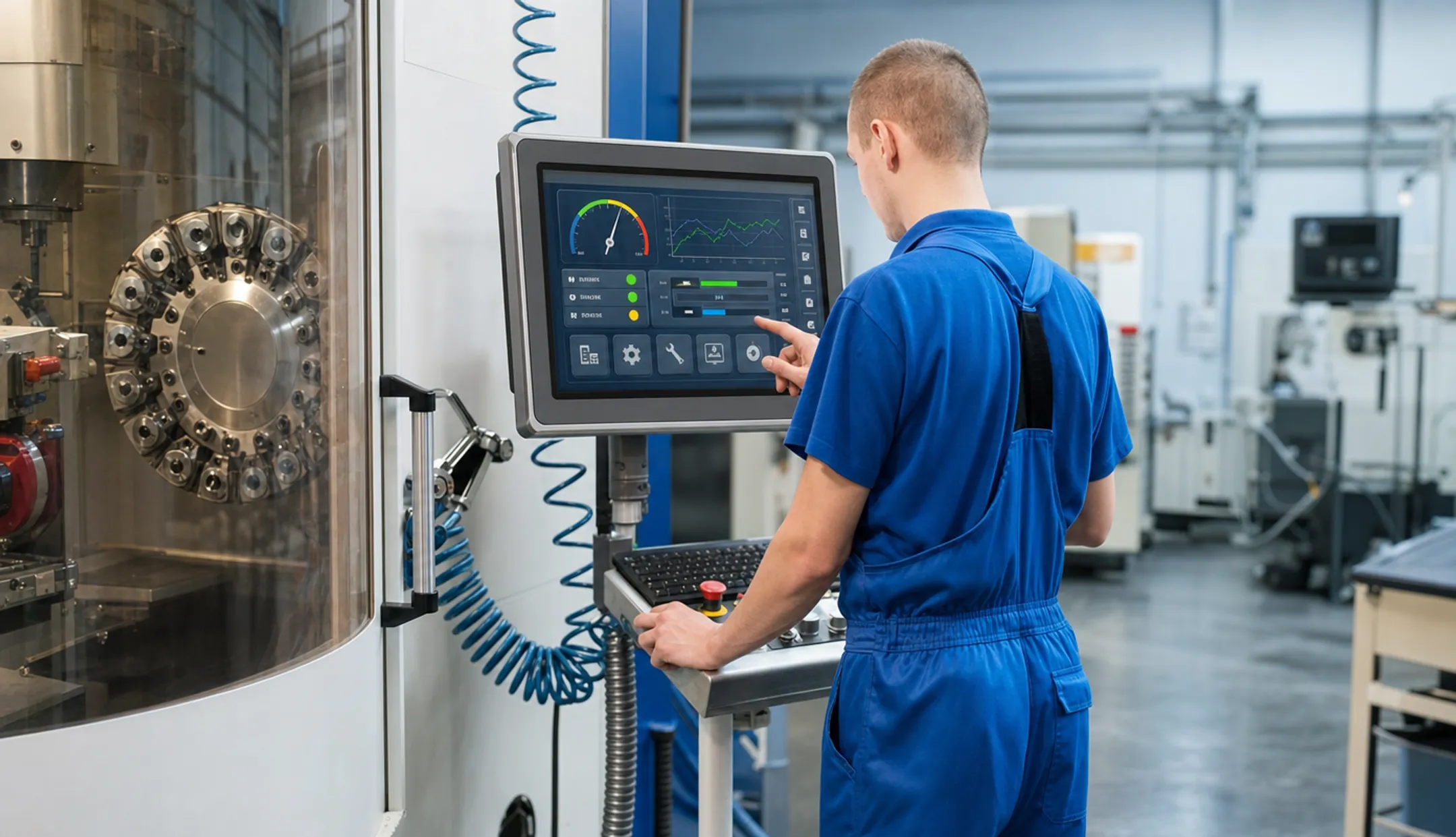 Industrial panel PC touchscreen interface mounted on factory production line
