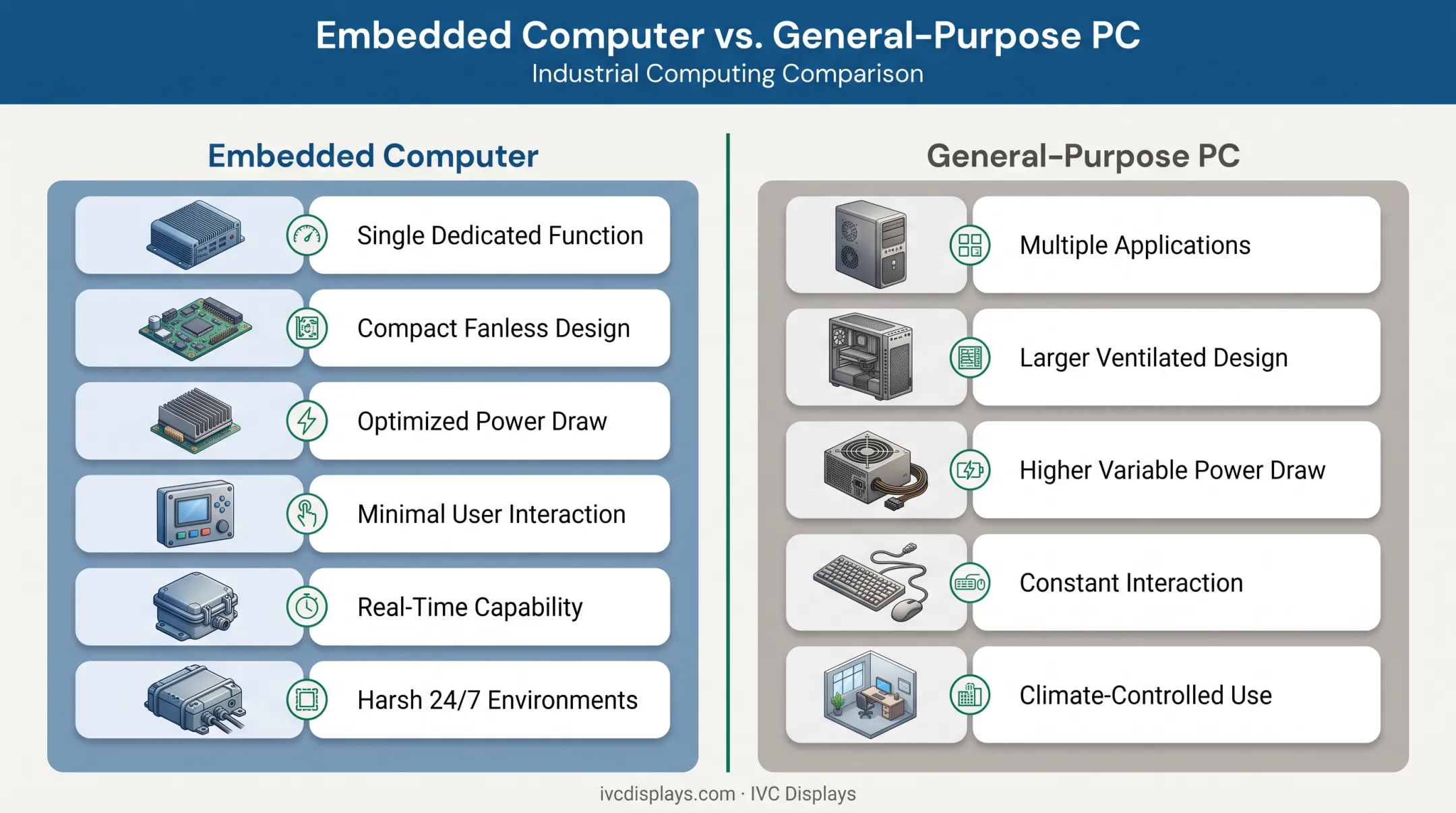 Embedded computer versus general-purpose PC comparison chart