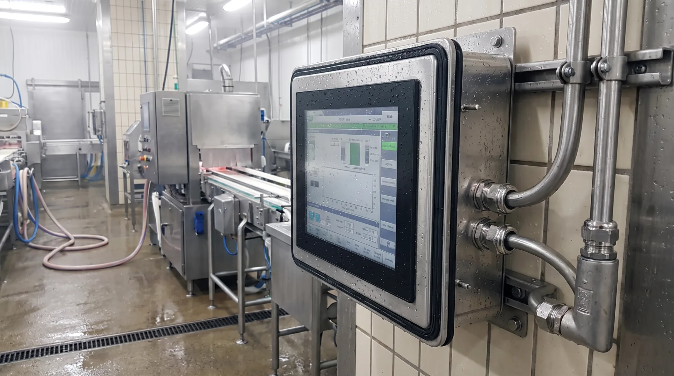 Rugged stainless-steel industrial panel PC in washdown food processing environment