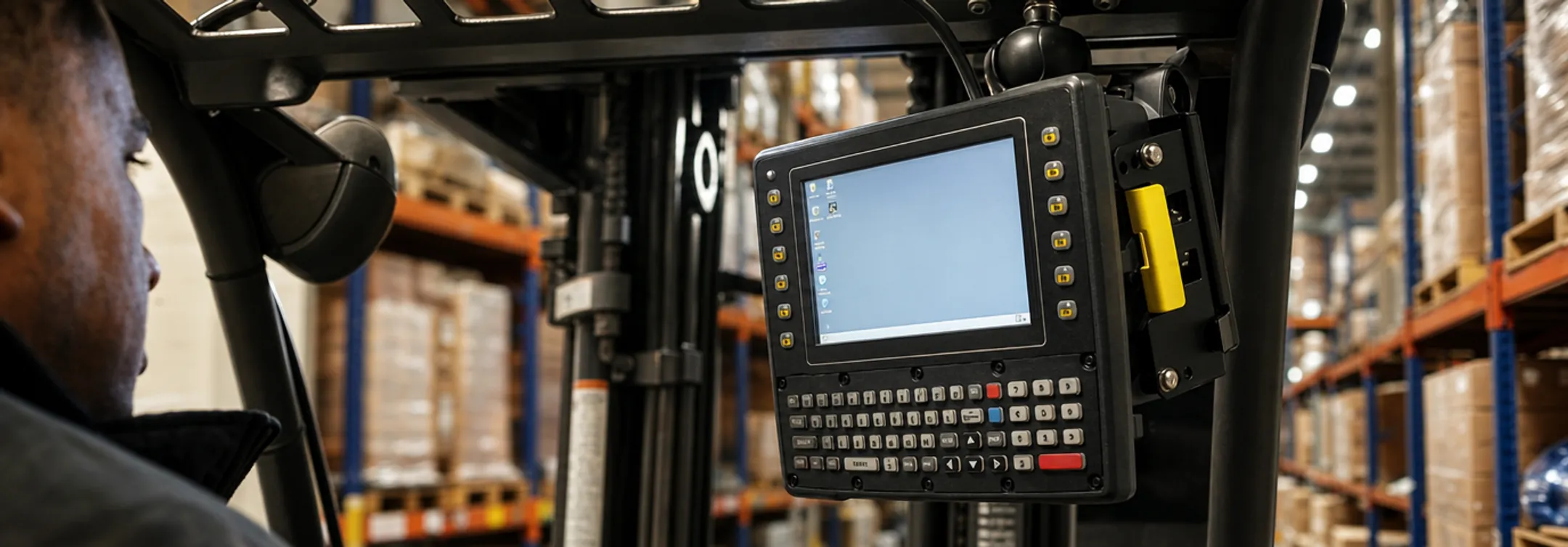 Vehicle-mounted rugged computer installed on warehouse forklift equipment