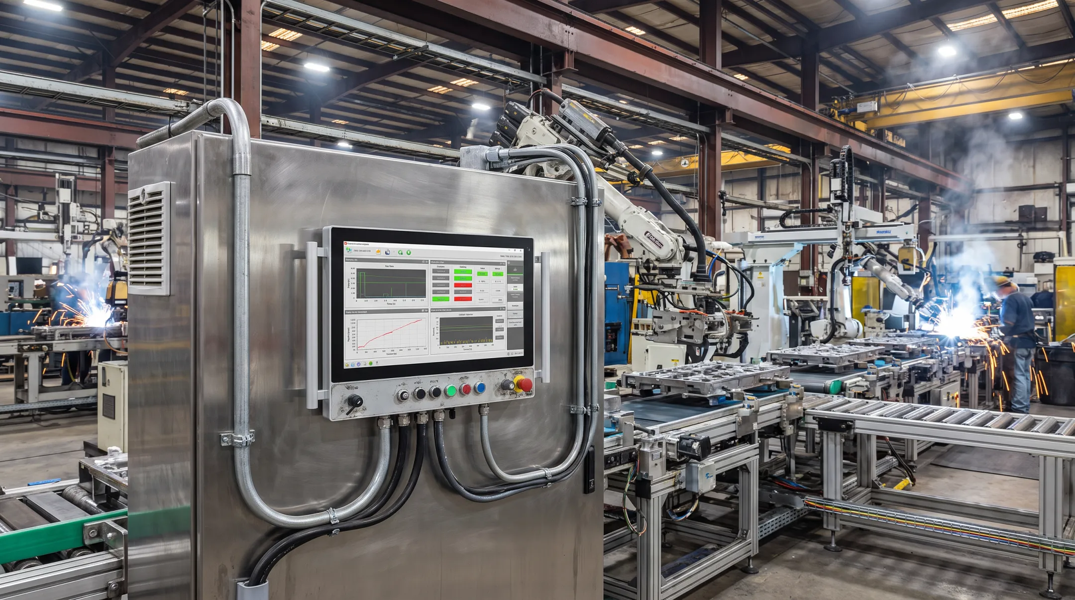 Rugged industrial panel PC installed in manufacturing control environment