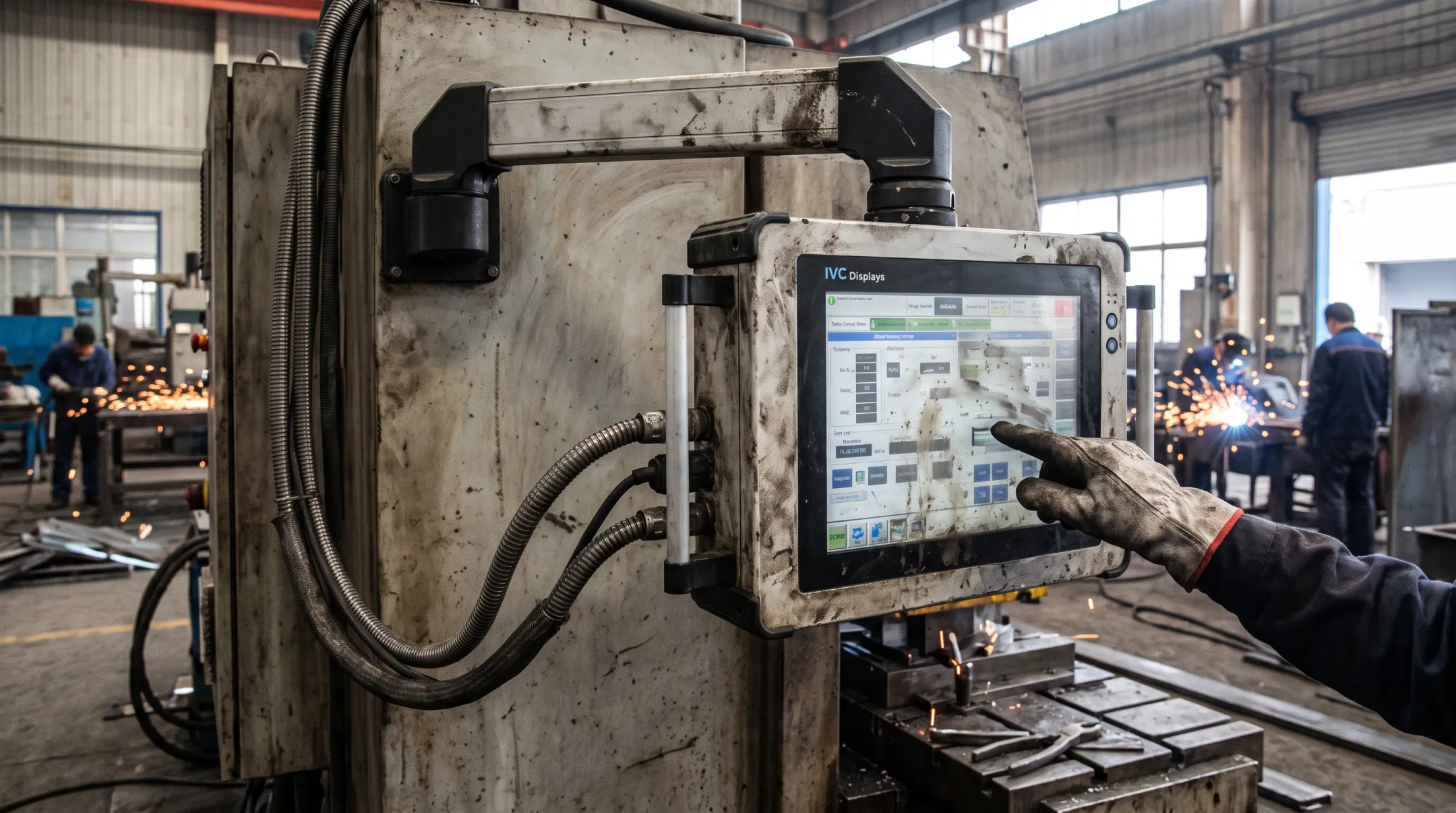 Rugged industrial panel PC mounted on factory floor equipment