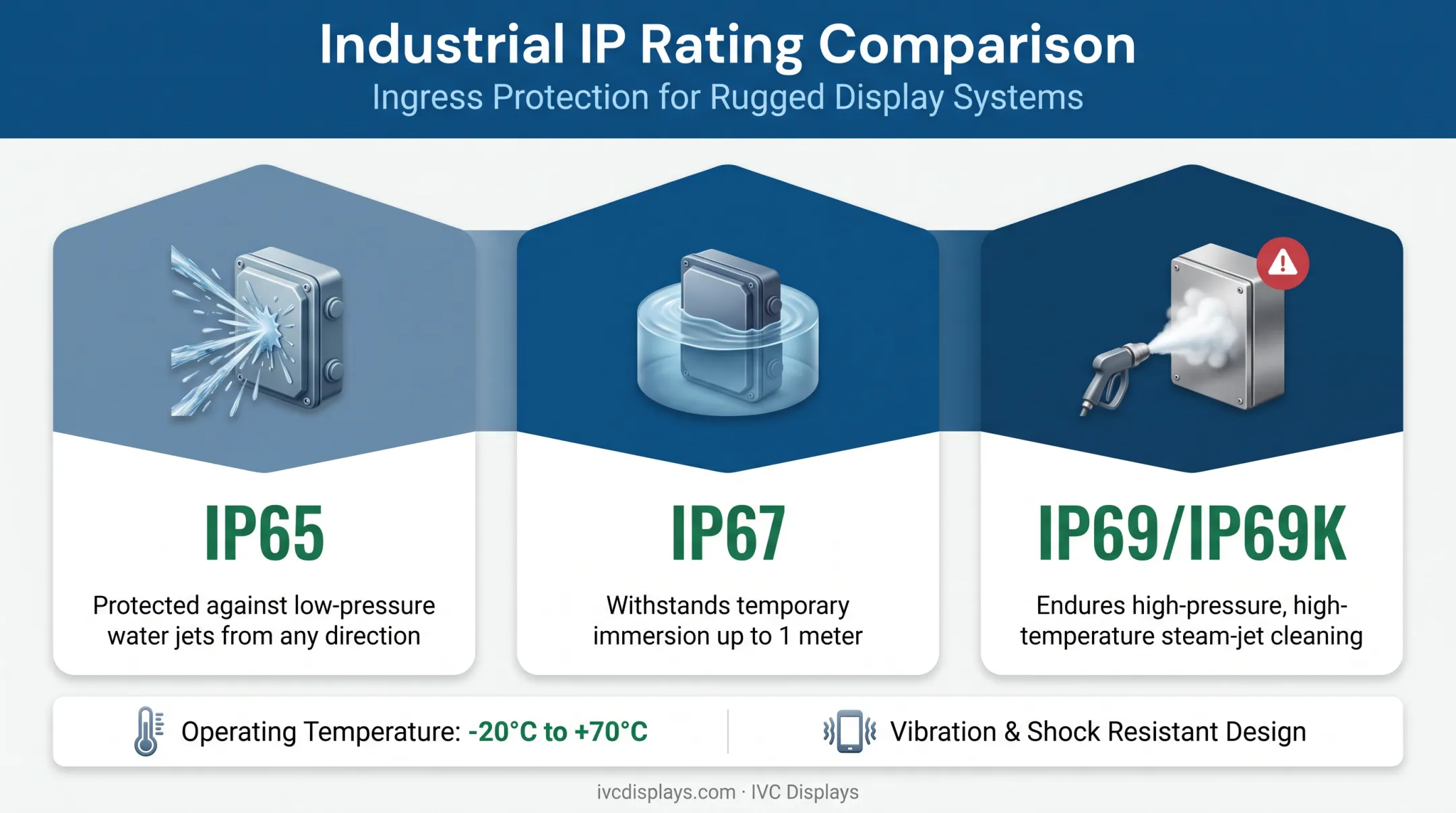 IP rating scale comparing dust and water protection levels for industrial hardware