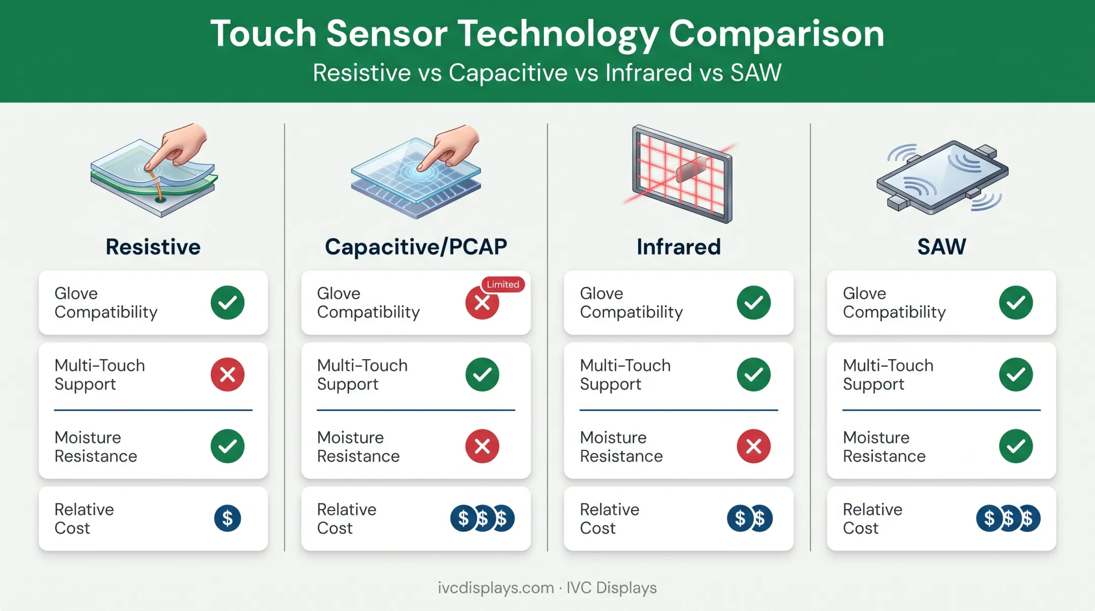 Comparison chart of four touch sensor types by durability and glove compatibility