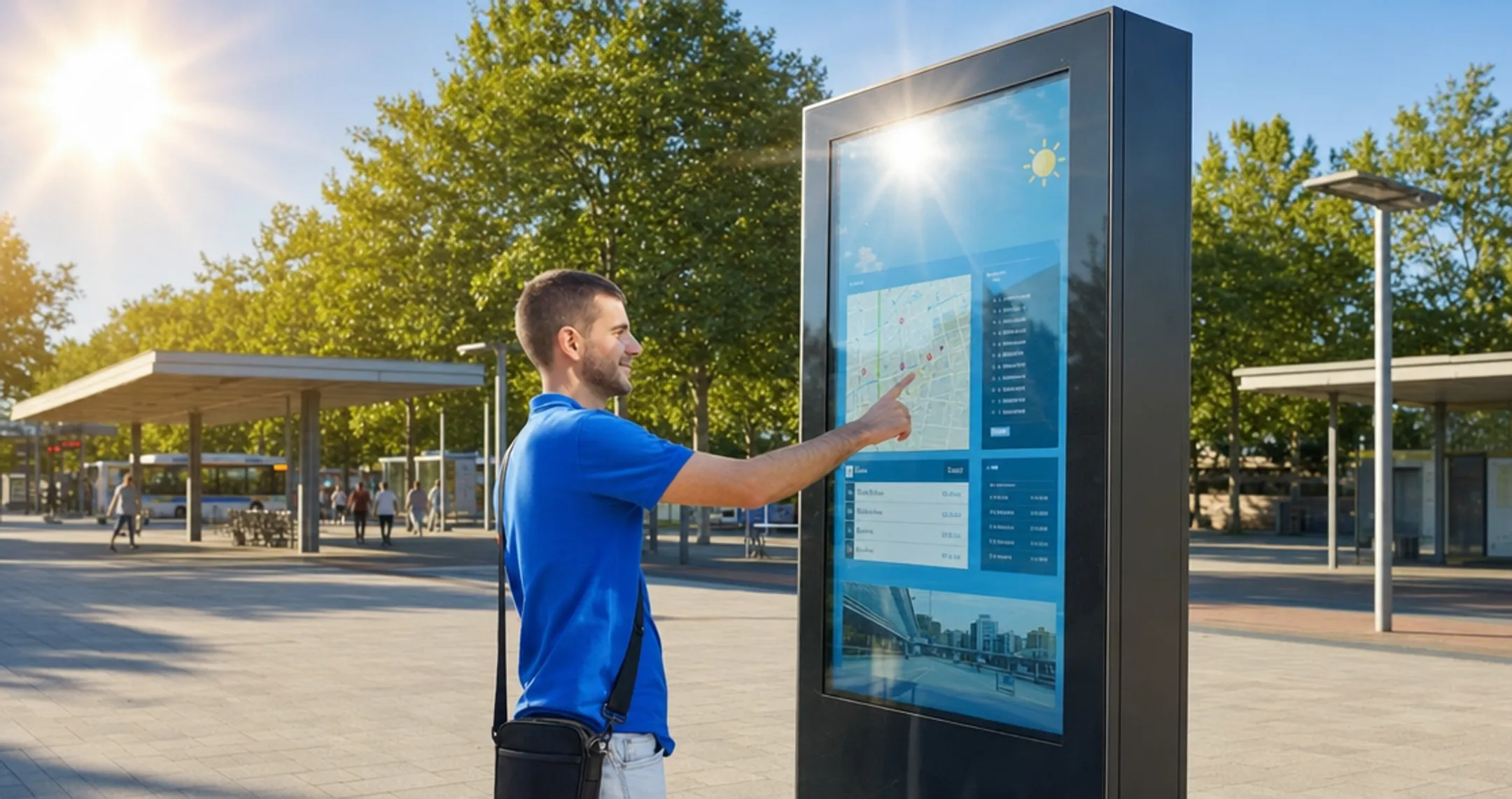 Outdoor kiosk with infrared touchscreen display under bright sunlight conditions