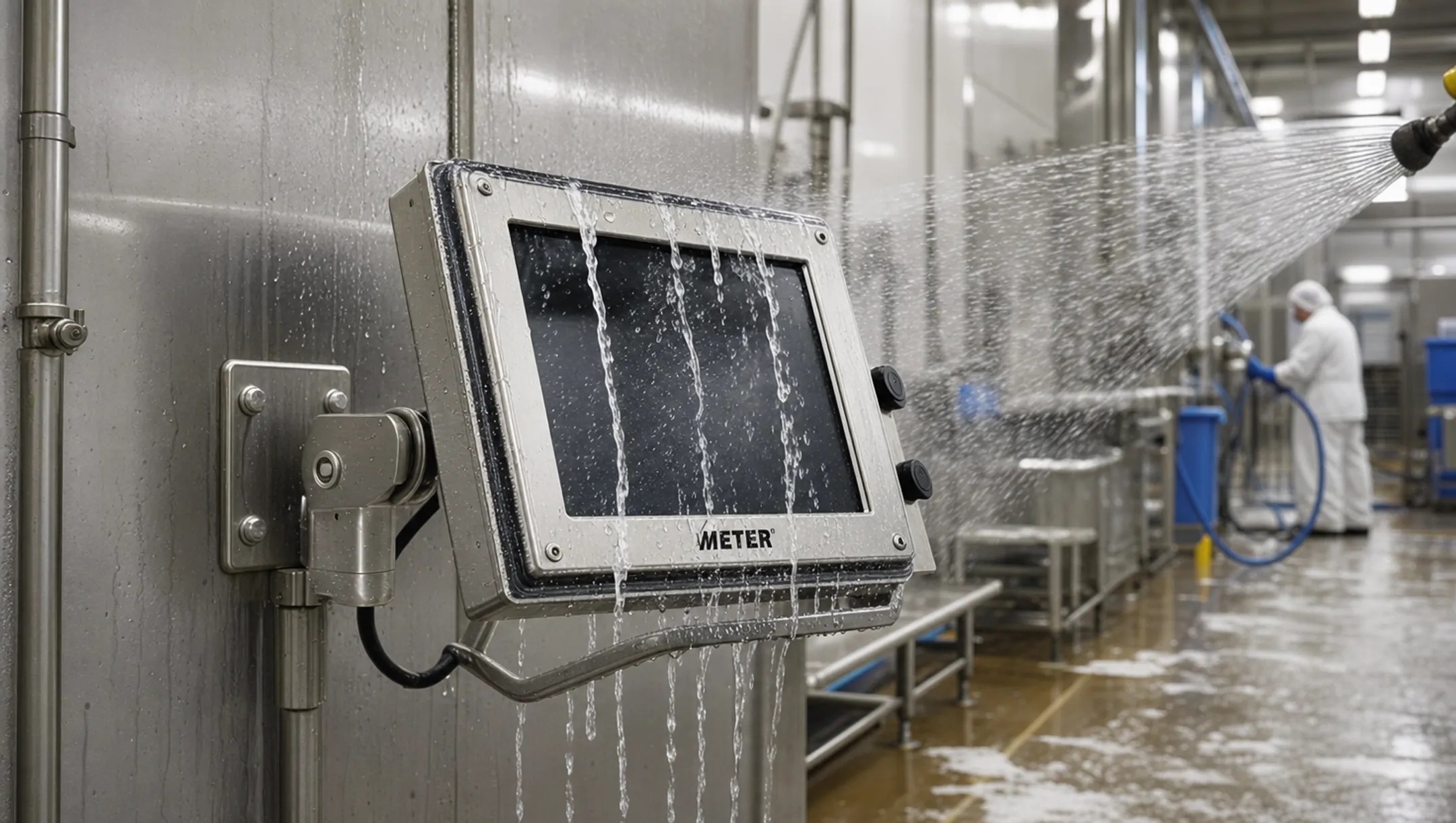 Stainless steel washdown rated industrial monitor in food processing facility