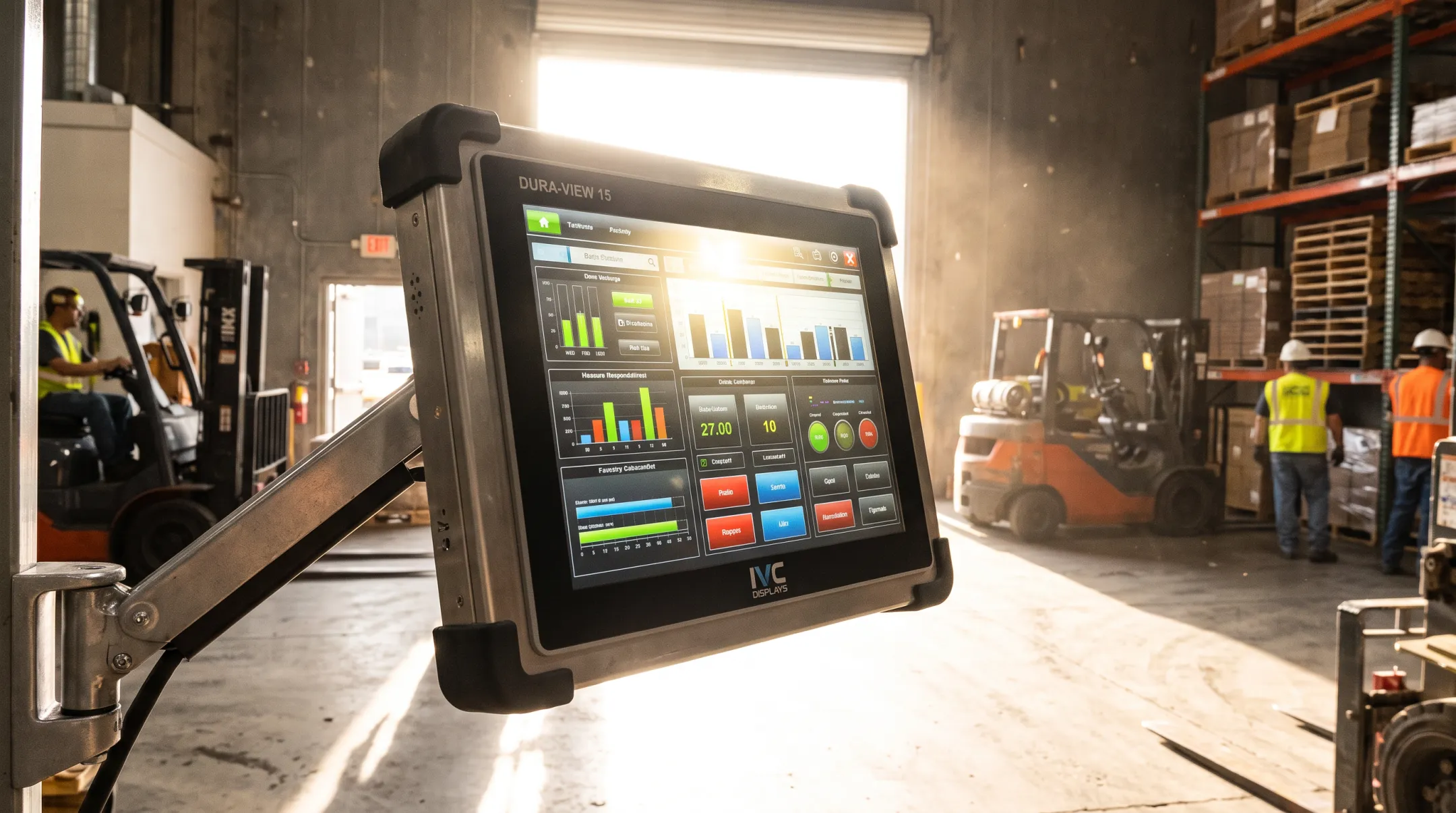Industrial touch panel monitor mounted in bright factory environment